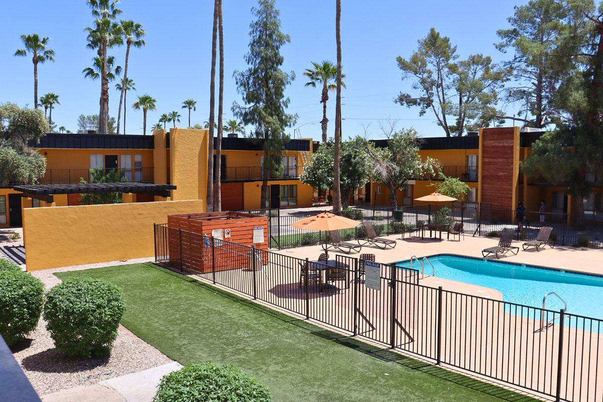 A bright, sunny view of a swimming pool surrounded by a black fence, with lounge chairs and umbrellas. The backdrop features yellow and earthy toned buildings and tall palm trees, creating a vibrant, tropical atmosphere.