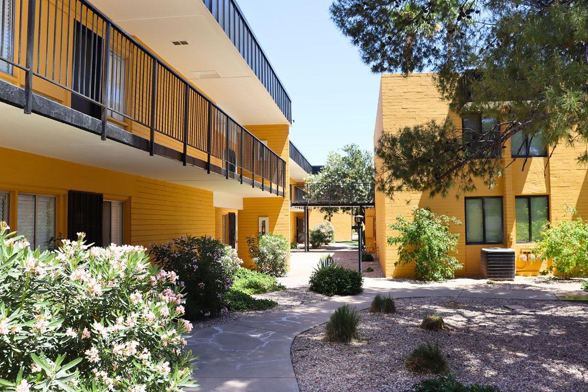 A sunny courtyard scene featuring two yellow-painted buildings with balconies. The walkway is lined with greenery and flowering plants, surrounded by decorative stones. The area is bright and inviting, showcasing a blend of natural and architectural elements.