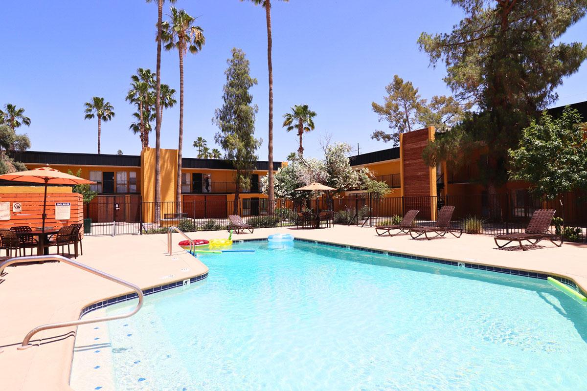 A clear blue swimming pool surrounded by palm trees, lounge chairs, and shaded umbrellas. In the background, a multi-story building with wooden accents is visible. The scene is bright and sunny, suggesting a relaxing outdoor atmosphere.