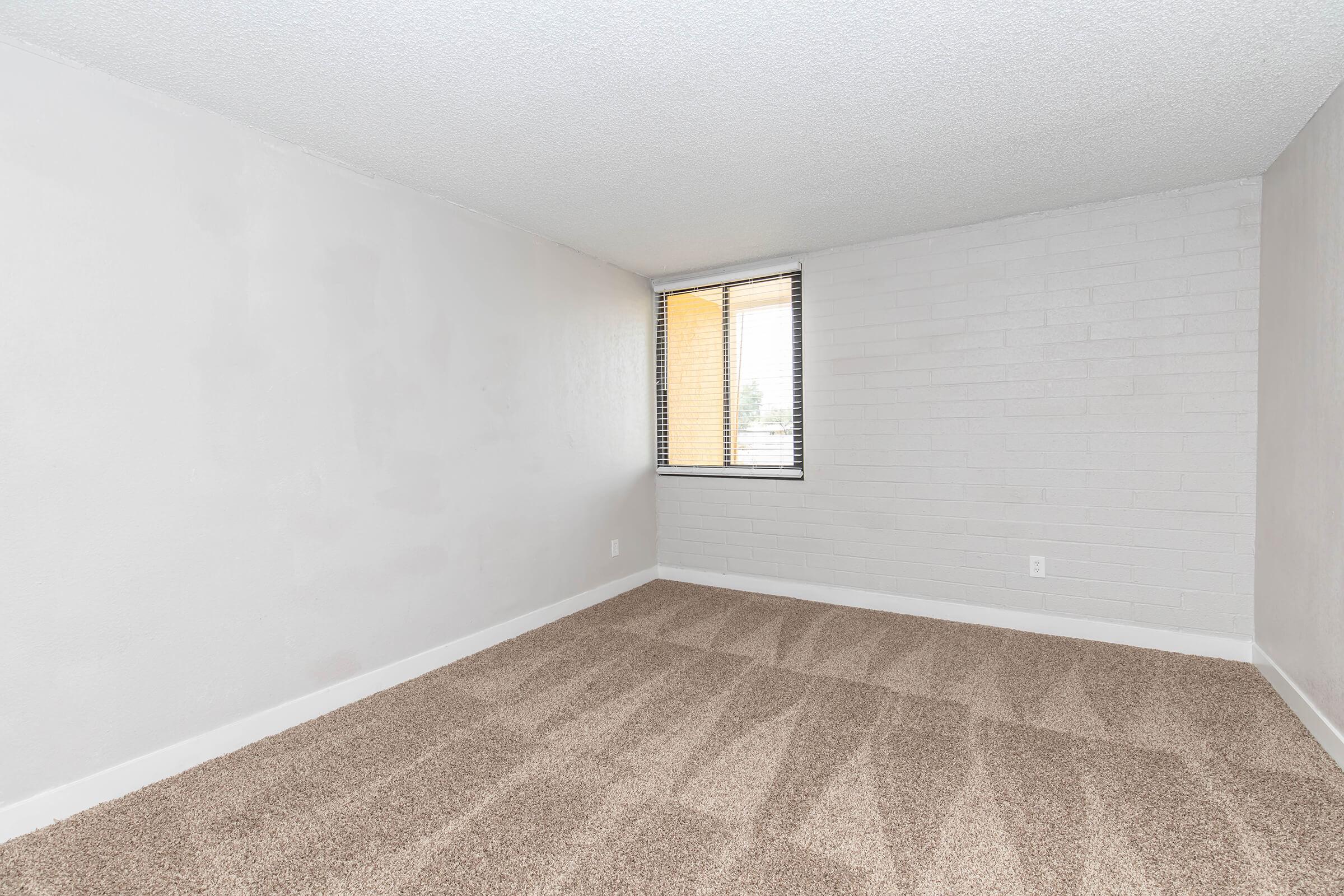 Empty room with beige carpeting and light gray walls. A window with blinds on the left side allows natural light to enter. The room features a simple aesthetic with minimal decor and is ready for furnishings.