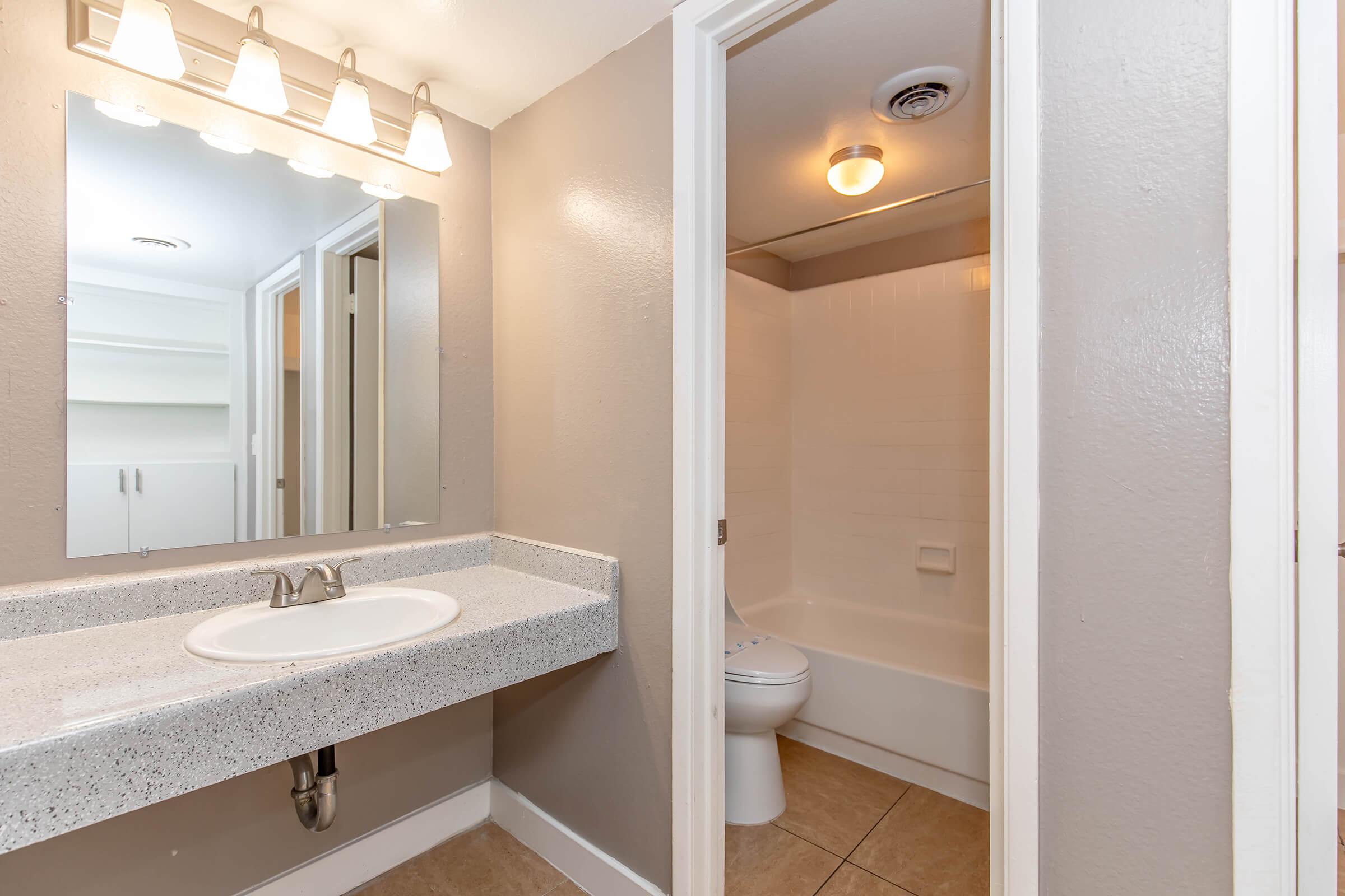 A modern bathroom featuring a mirror with multiple light fixtures above a sleek vanity with a sink. To the right, there is a shower-tub combo in a small alcove, with a lighted ceiling. The walls are painted in a neutral tone, enhancing the bright and clean appearance of the space.