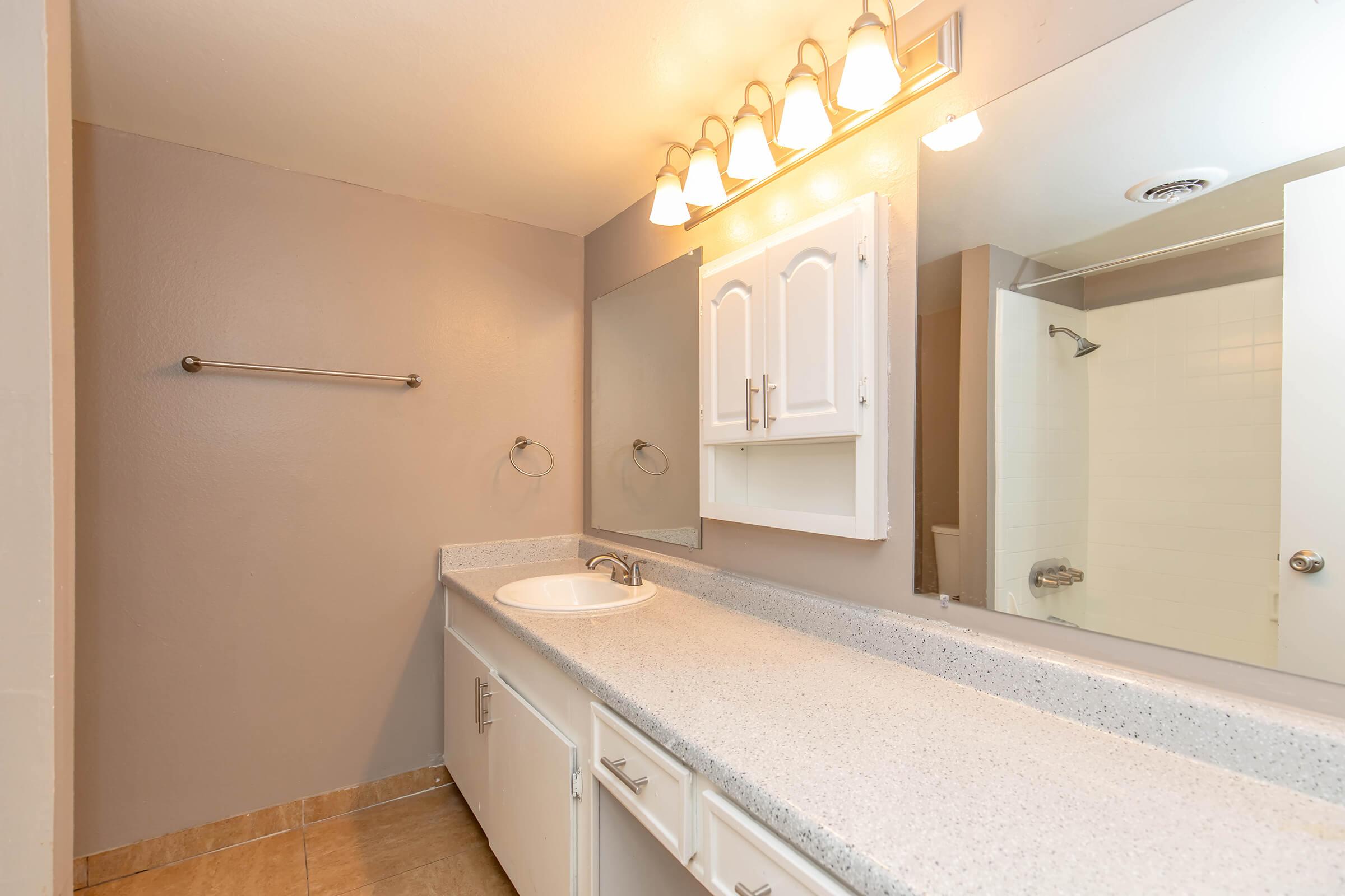 A clean bathroom with a light-colored countertop, a single sink, and a large mirror. Light fixtures are mounted above the mirror. There is a towel bar on the wall and a shower stall seen in the background. The walls are painted a neutral tone, contributing to the airy feel of the space.