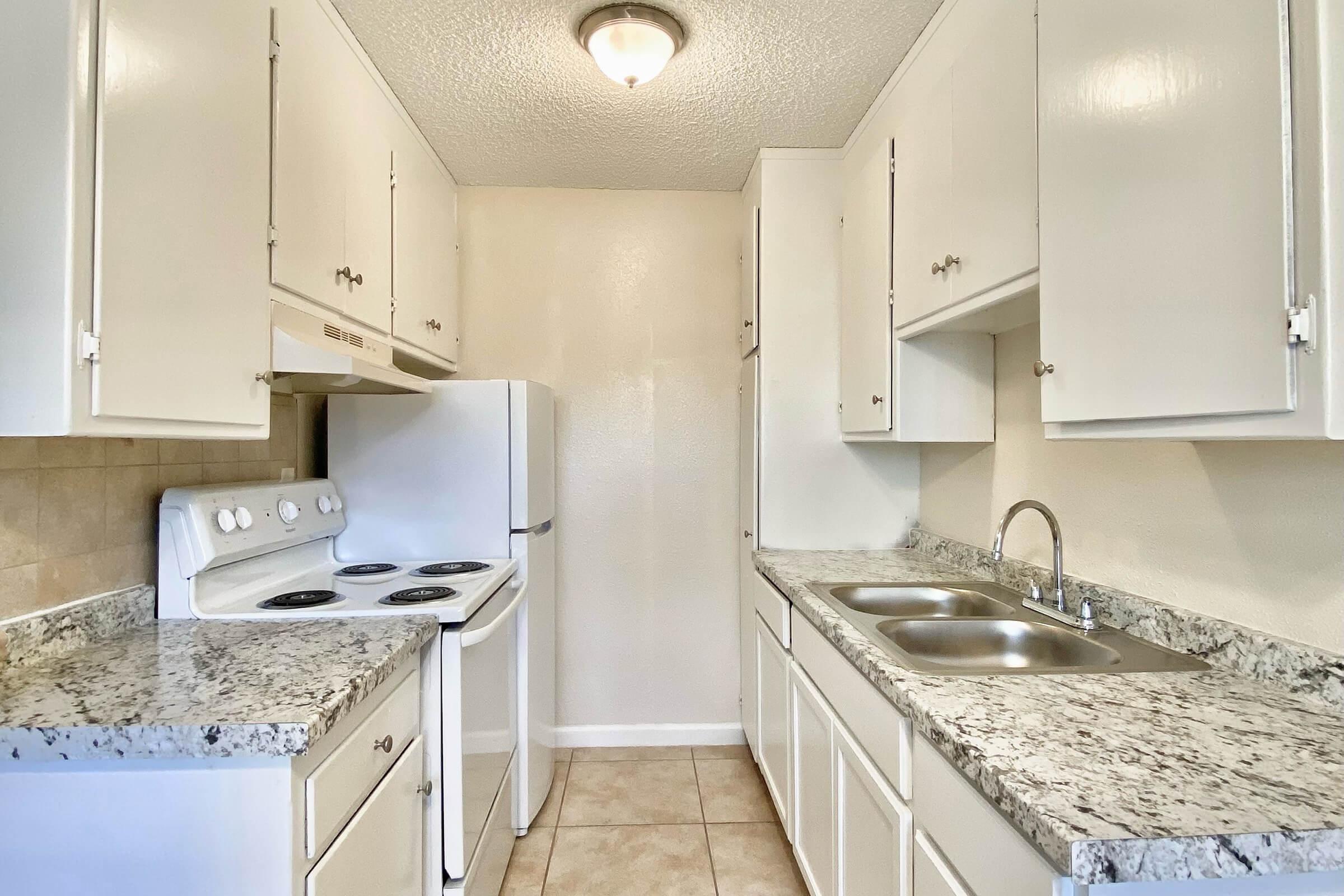 a kitchen with a stove sink and refrigerator