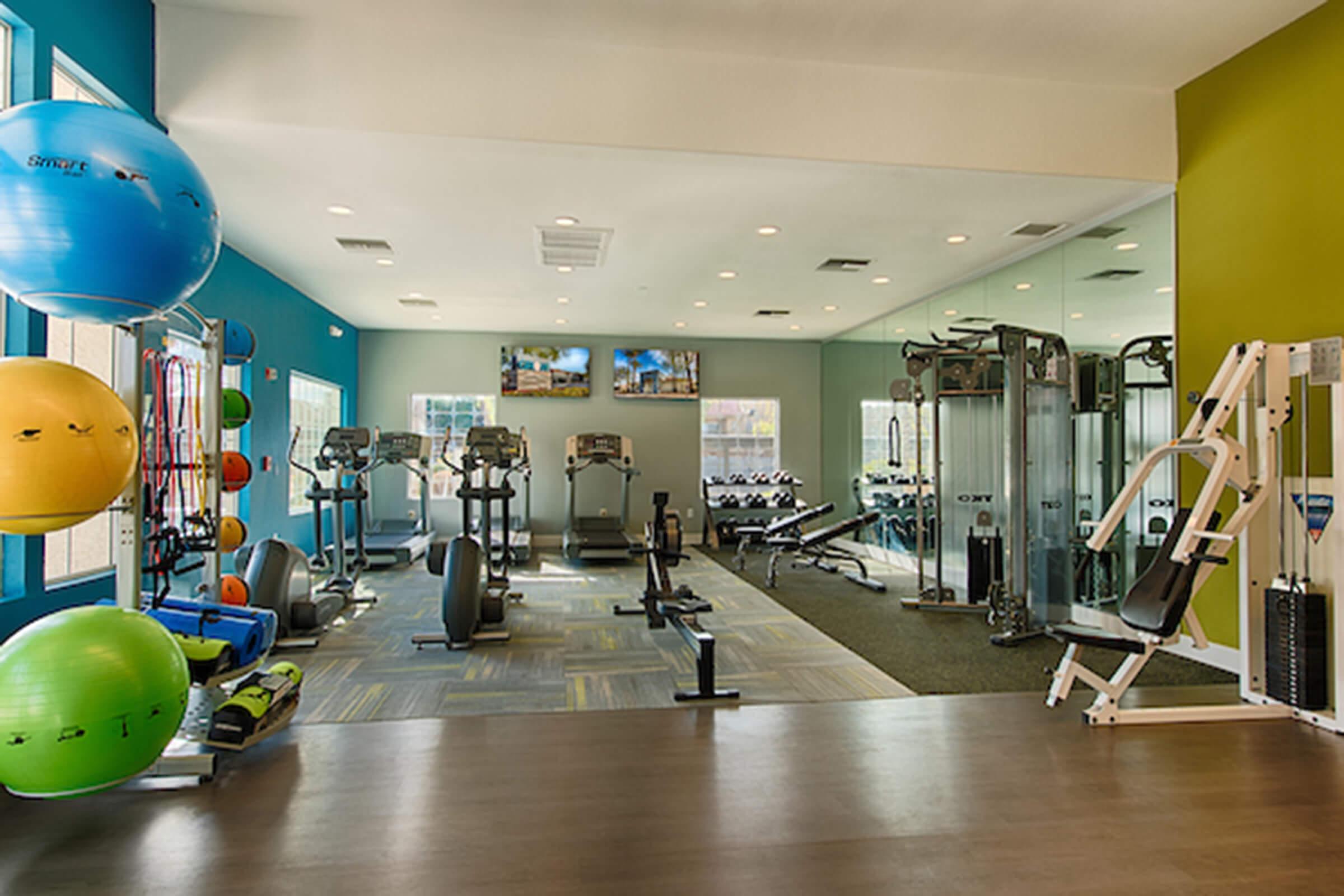 A modern gym interior featuring various fitness equipment, including treadmills, weight machines, and free weights. Brightly colored walls in blue and green enhance the open, spacious atmosphere. Exercise balls are arranged in one corner, and large mirrors reflect the well-lit environment.