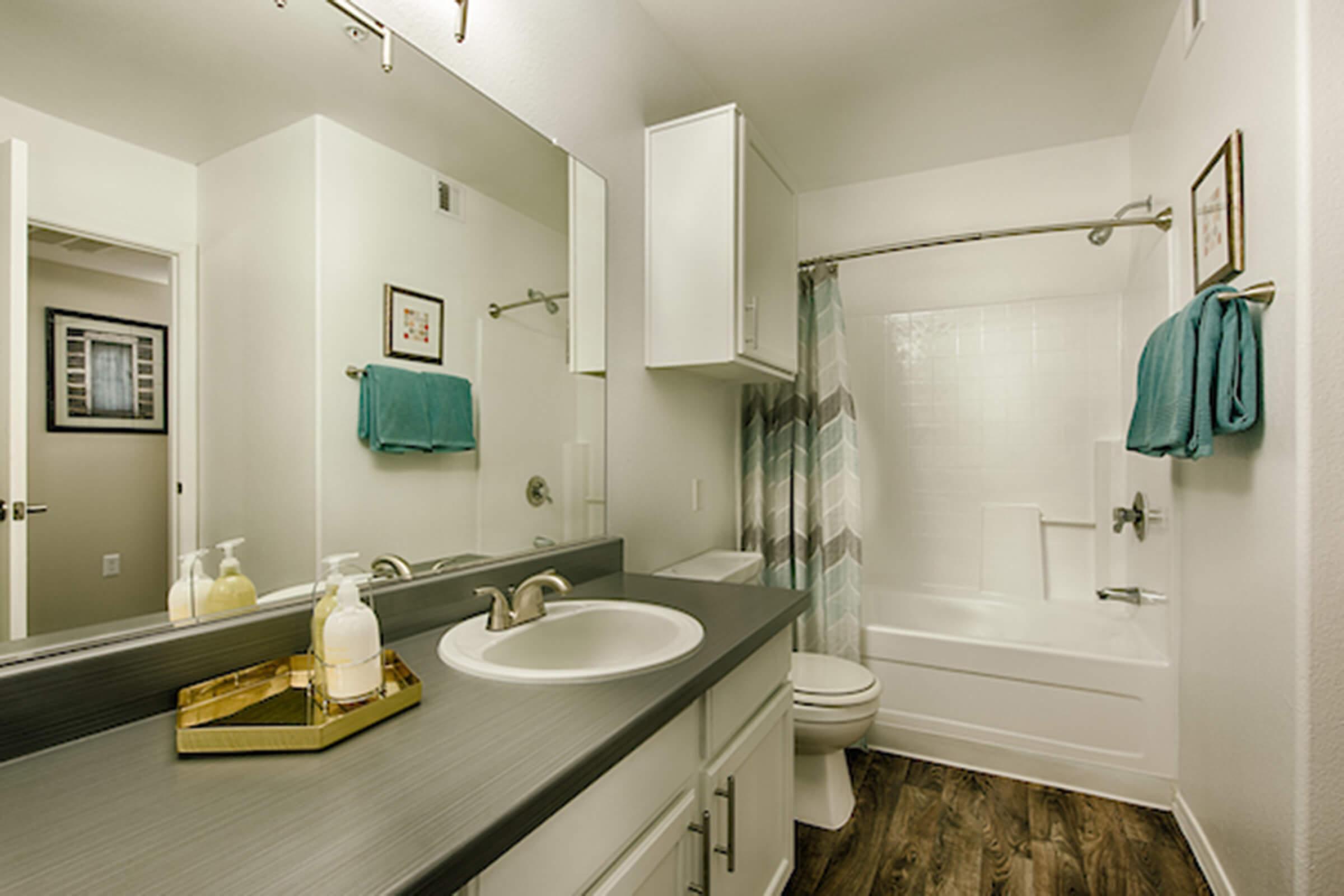 A modern bathroom featuring a clean design with a white bathtub and shower, light gray countertops, a mirror above the sink, and light-colored cabinetry. Decorative items include a green towel and a small tray with soap dispensers. The floor is dark wood, adding warmth to the space. Bright and inviting atmosphere.