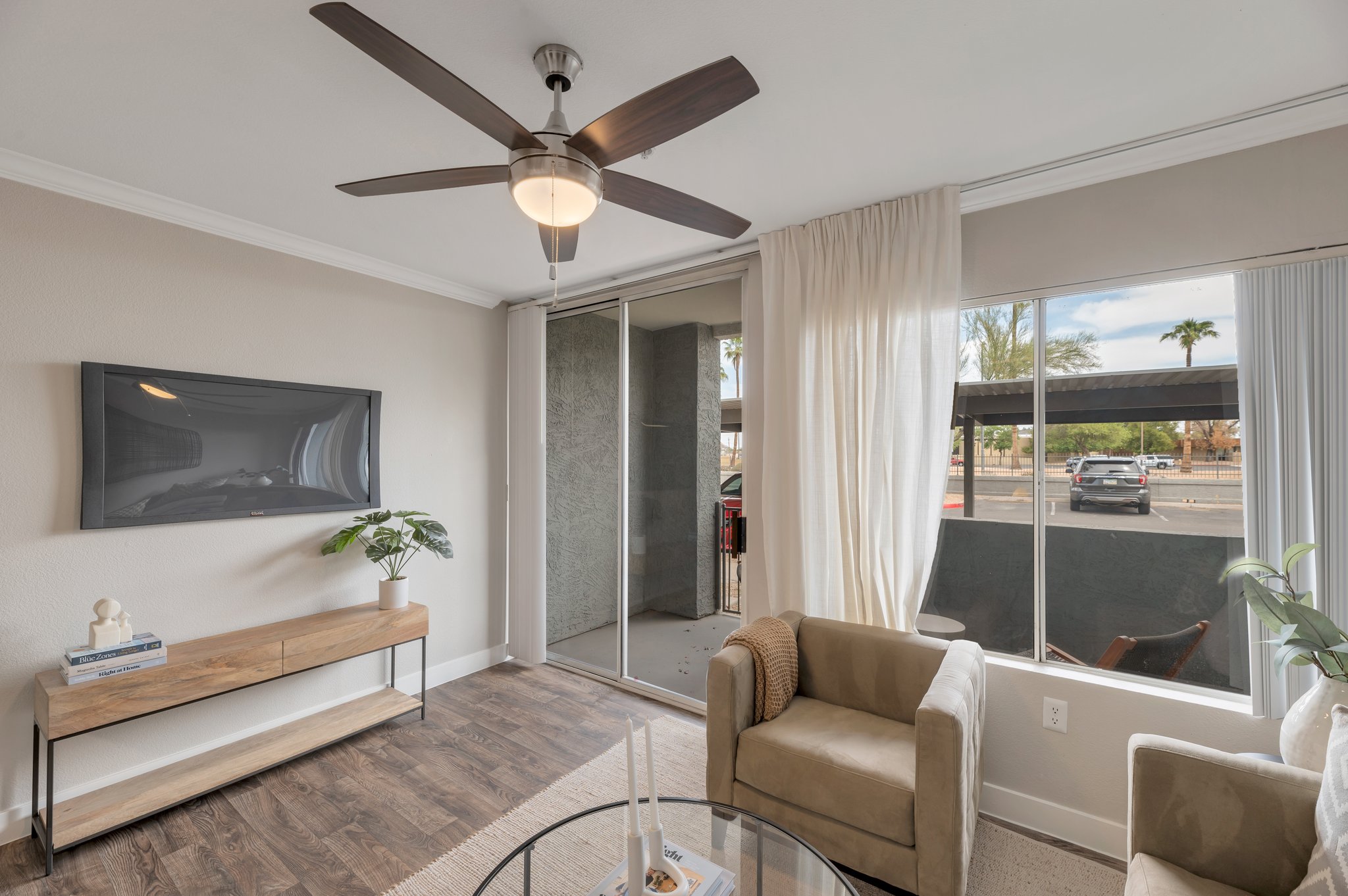 This is the living room and balcony at The Grove Deer Valley