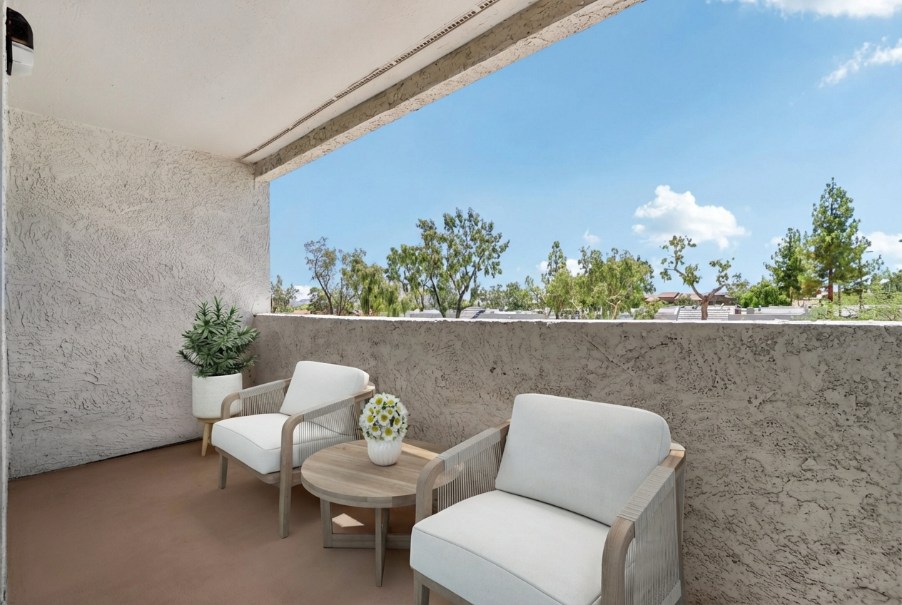 A cozy balcony with two white chairs and a small round table, surrounded by lush greenery. The sky is bright blue with a few fluffy clouds, providing a cheerful and inviting atmosphere. Ideal for relaxing or enjoying a morning coffee.