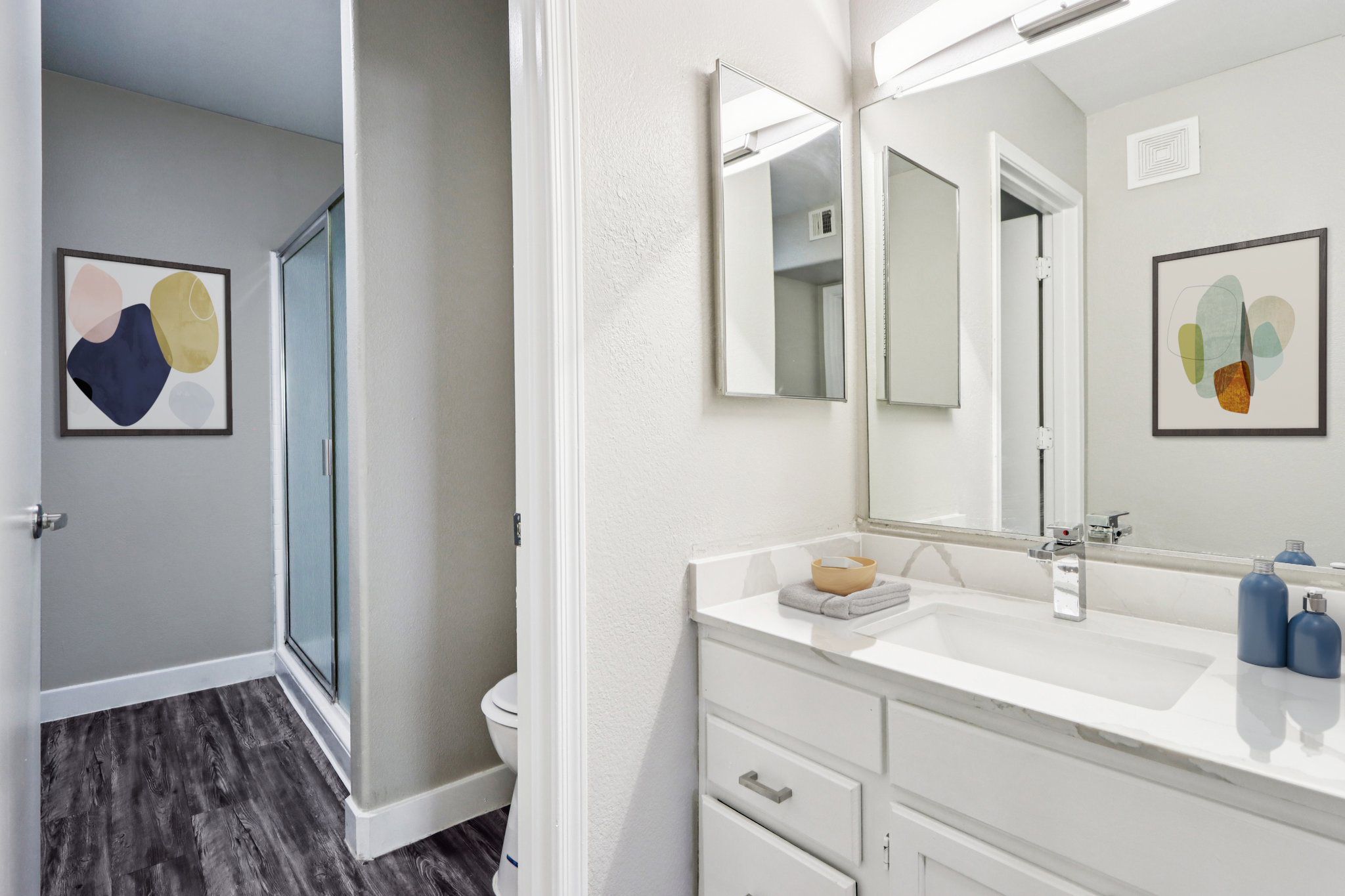 A modern bathroom featuring a large vanity with a sink and a mirror above it. To the left, a shower area with glass doors. The walls are painted light gray, and there are two abstract art pieces framed on the walls. The flooring is dark wood, and there are decorative items on the vanity.