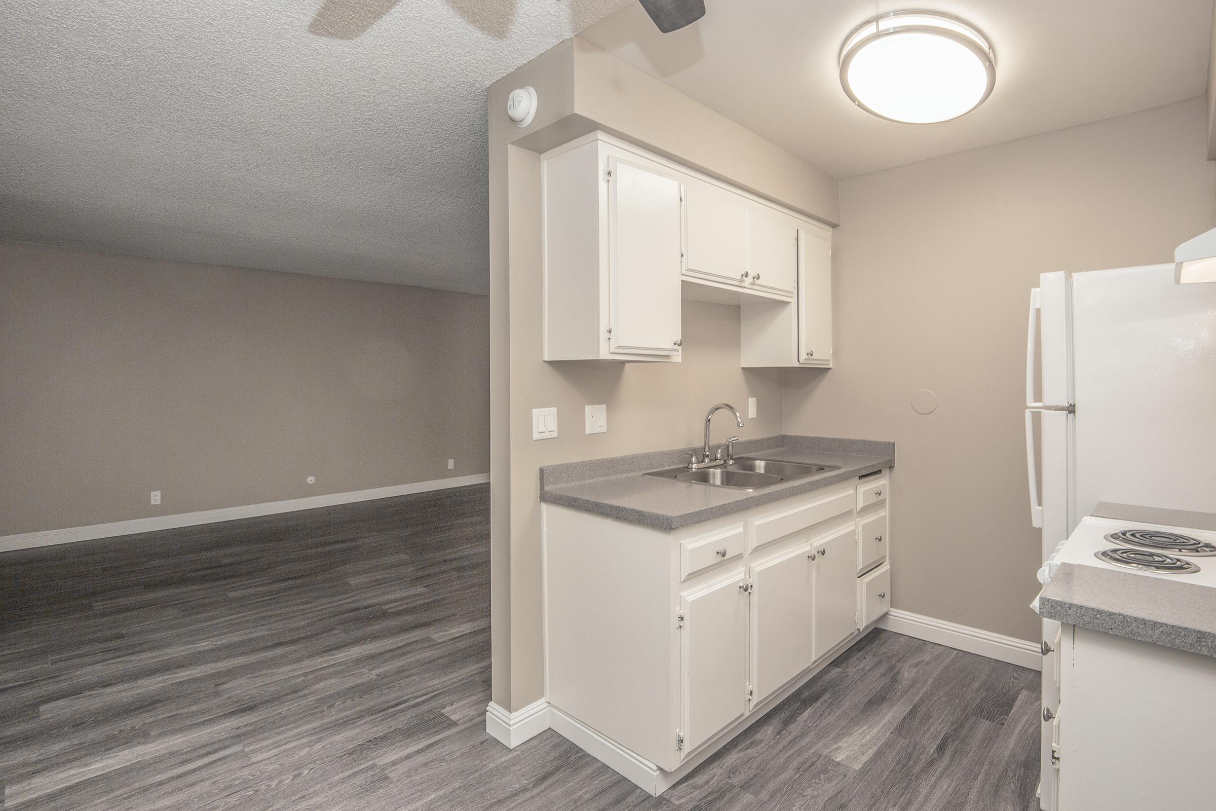 a kitchen with a sink and a mirror