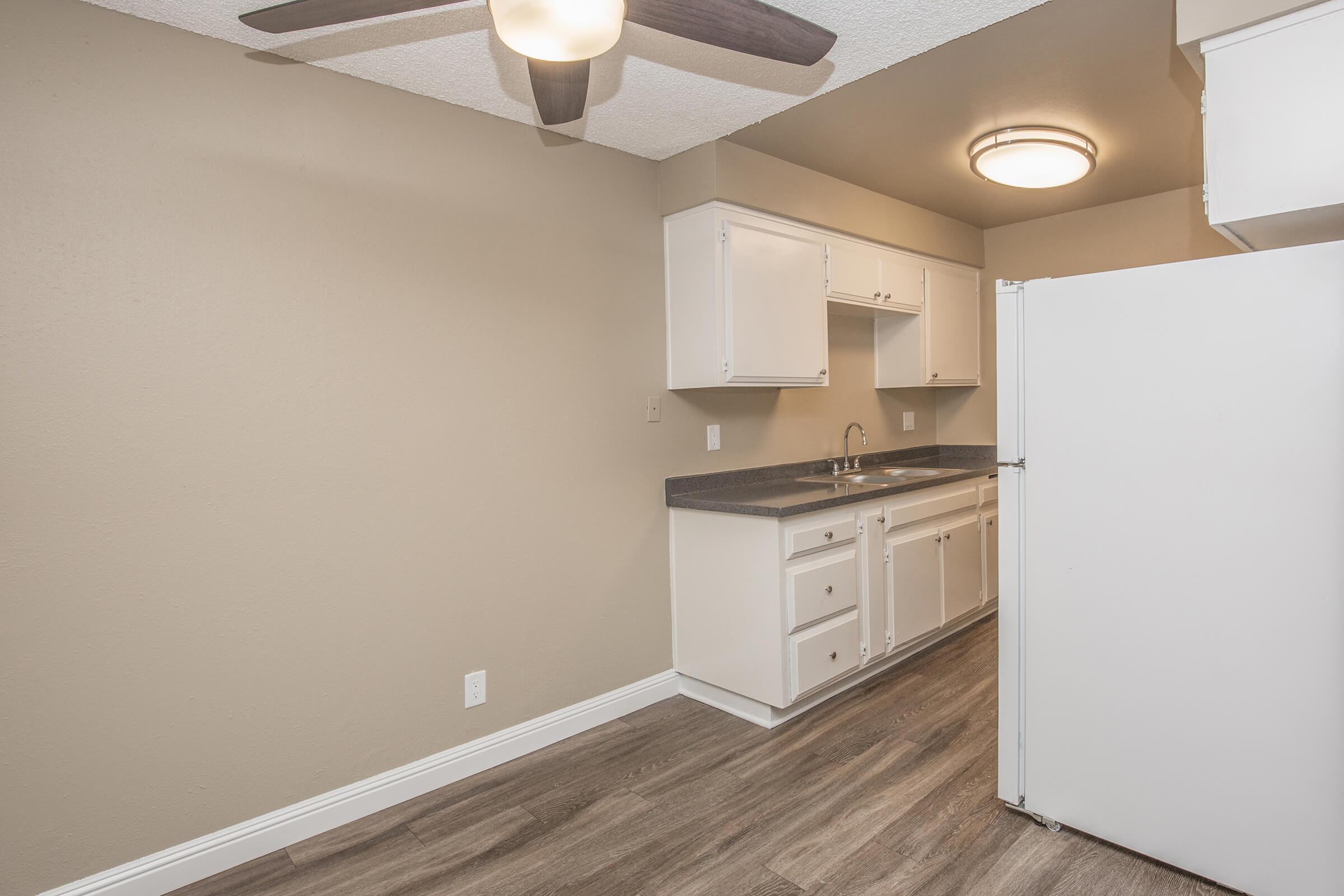 a kitchen with a sink and a refrigerator