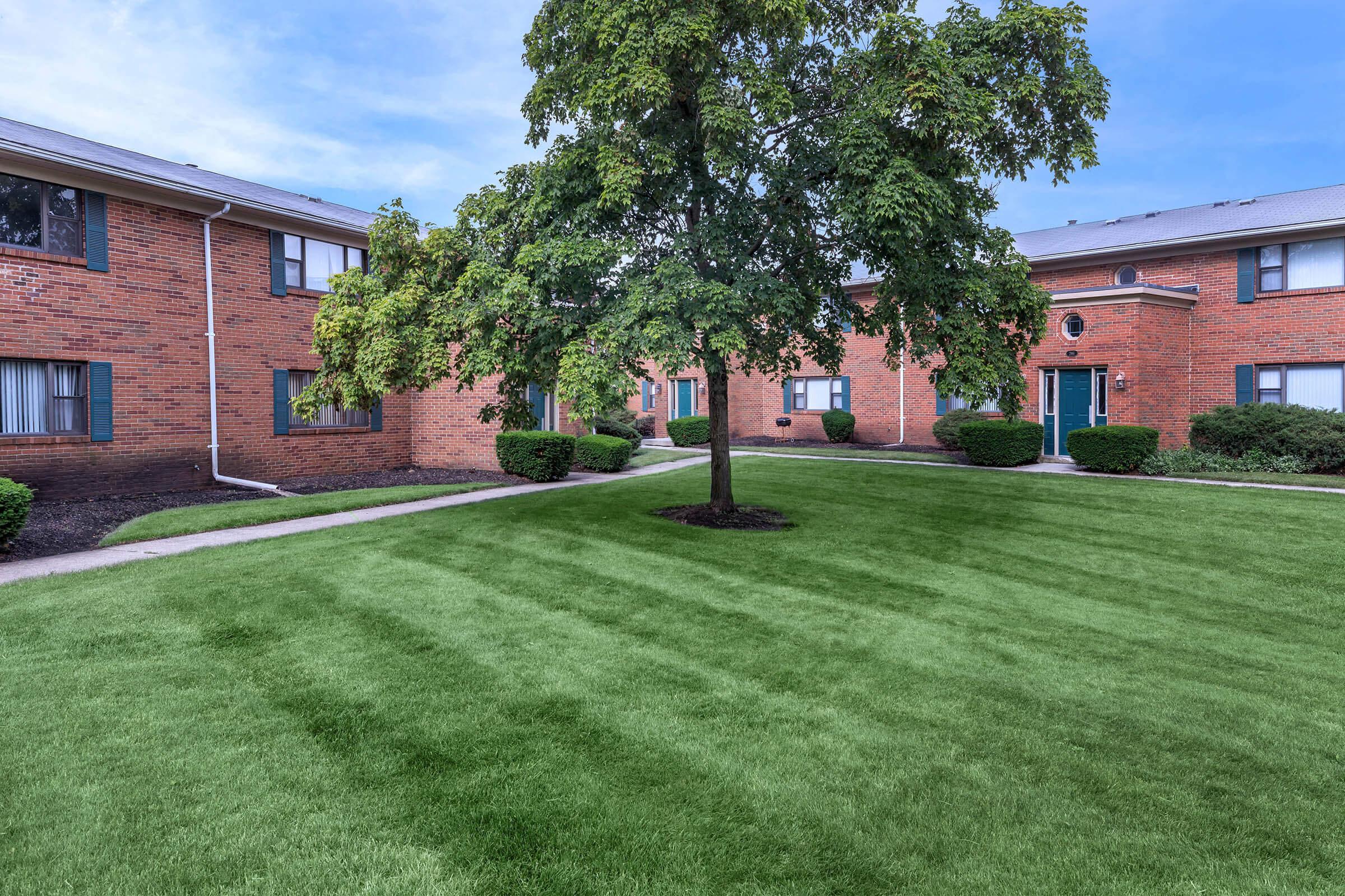 A well-maintained green lawn with stripes, featuring a central tree. Surrounding the lawn are red brick apartment buildings with symmetrical windows and shrubs, creating a pleasant residential environment. The sky is clear blue.