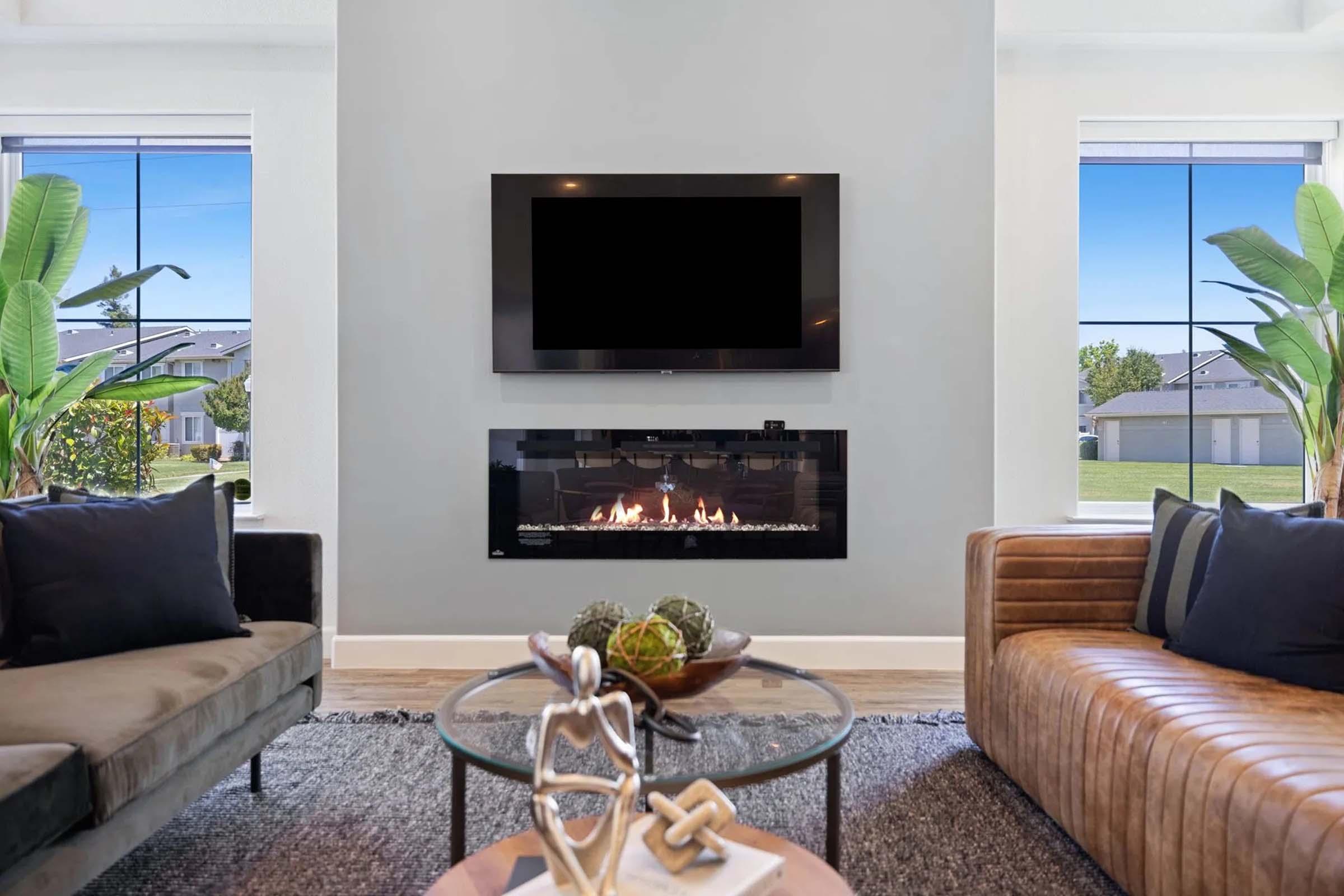 A modern living room featuring a stylish gray wall with a mounted flat-screen TV, a sleek linear fireplace below it, and large windows letting in natural light. The seating includes a dark fabric sofa and a brown leather couch, with a round coffee table in the center adorned with decorative items.