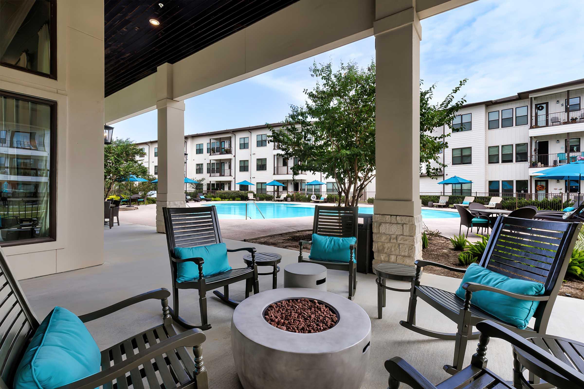 a dining room table in front of a building