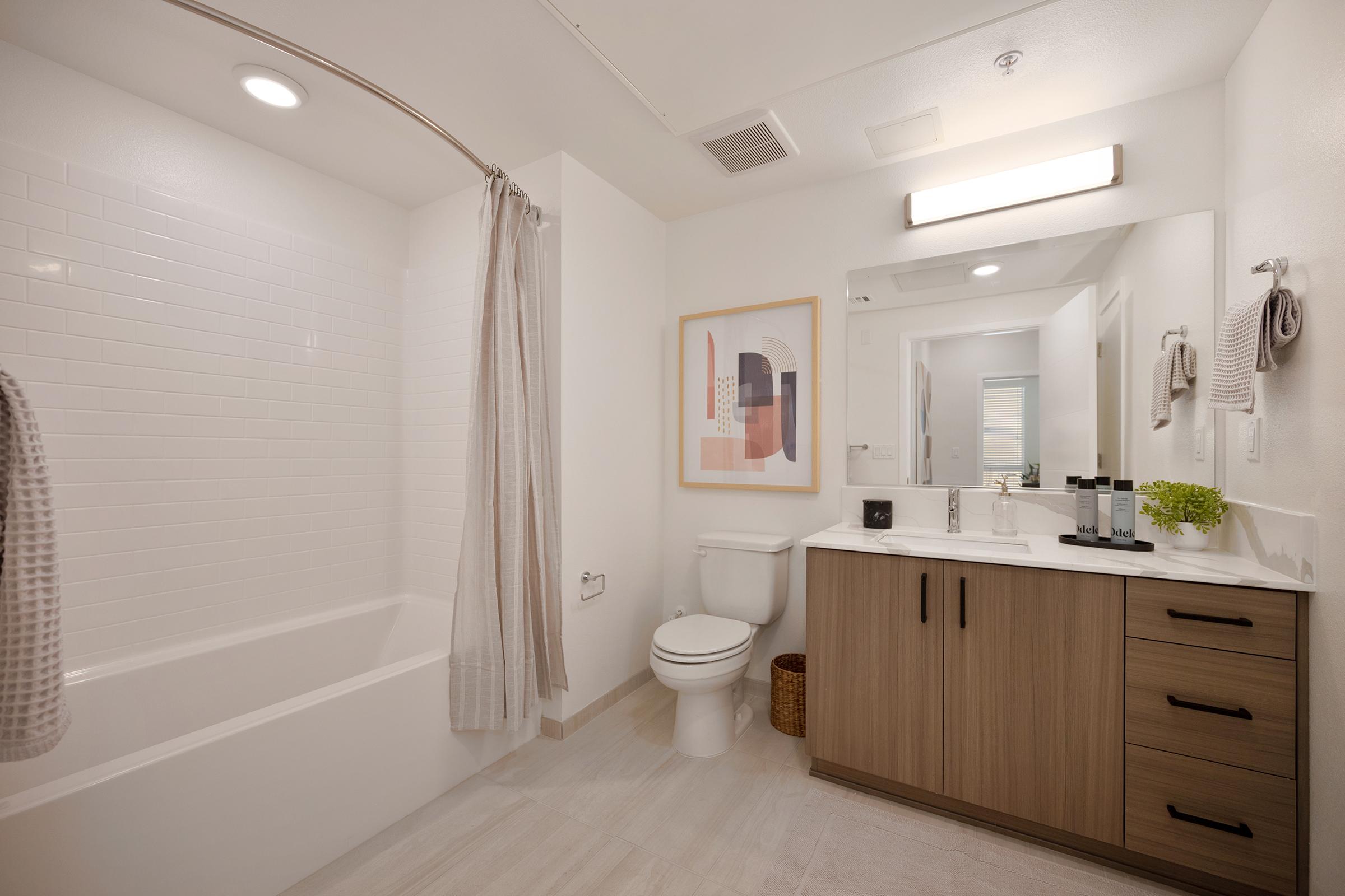 A modern bathroom featuring a bathtub with shower, a white vanity with wood accents, a mirror, a small potted plant, and neatly organized toiletries. Light-colored tiles and neutral walls create a bright and spacious ambiance. A towel hangs from a rack, and artwork is displayed on the wall.