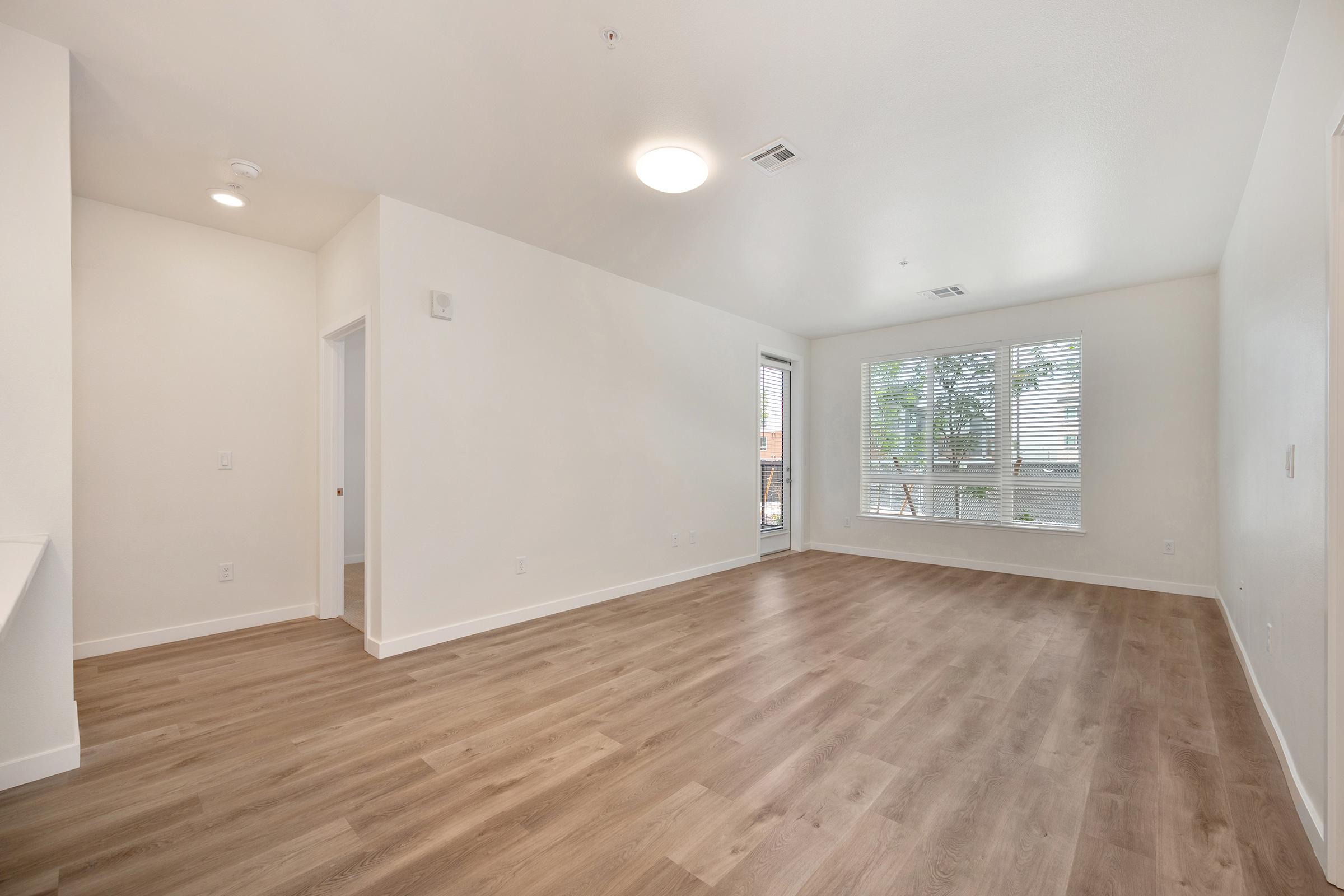 A spacious, empty room with light-colored walls and a wood-style floor. It features large windows with blinds that let in natural light, a ceiling light fixture, and a doorway leading to another room. The space is clean and minimalistic, ready for furnishing.