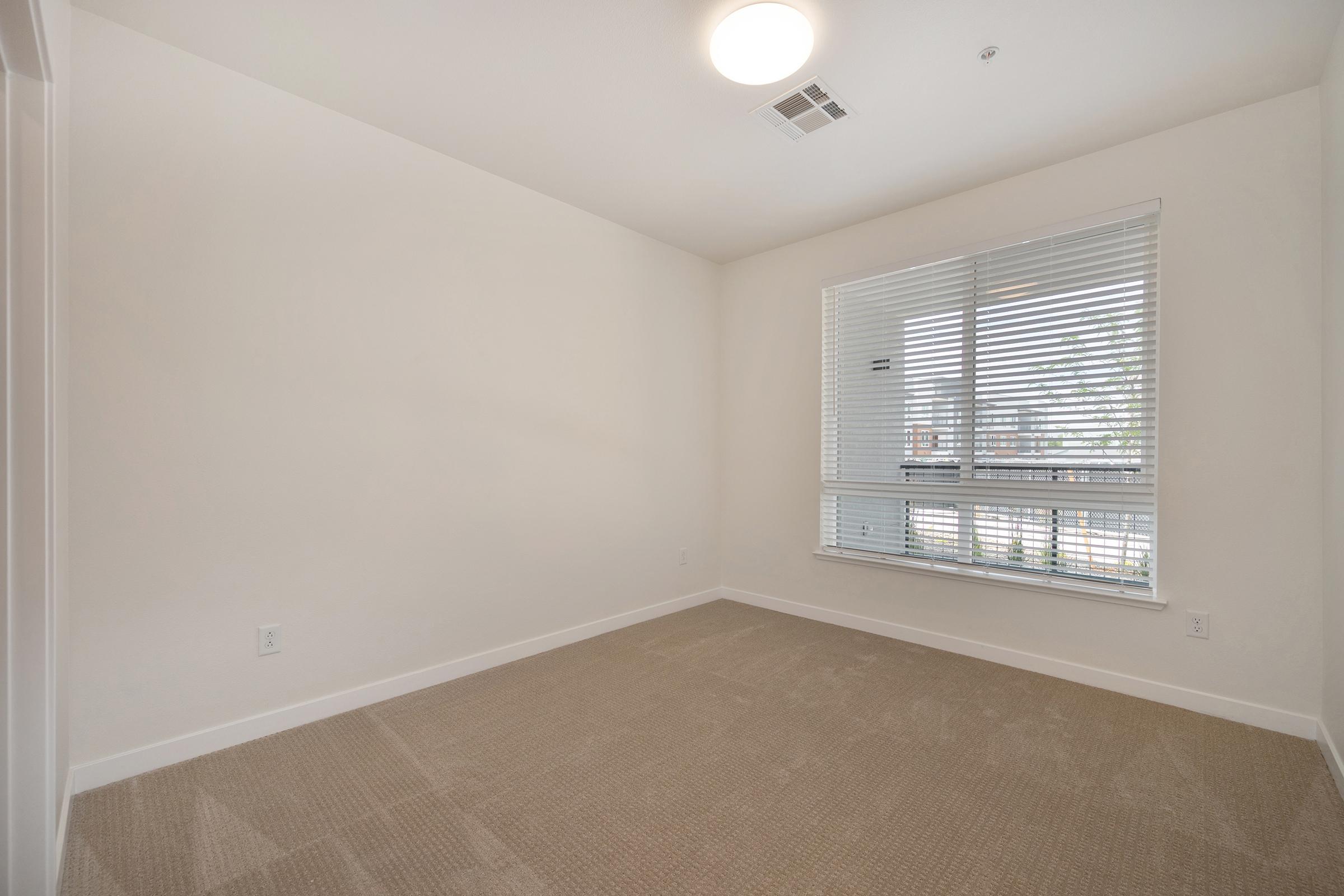 A blank room with light-colored walls, a large window dressed with blinds, and a neutral carpeted floor. The space is unfurnished and bright, featuring a modern ceiling light and no visible decor.