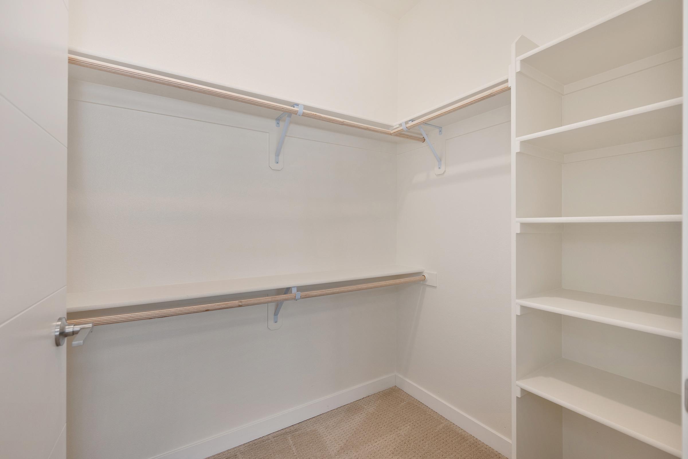 Empty closet with white walls, featuring two wooden hanging rods and a single shelf on the right side. The floor is carpeted, creating a clean and minimalist storage space.