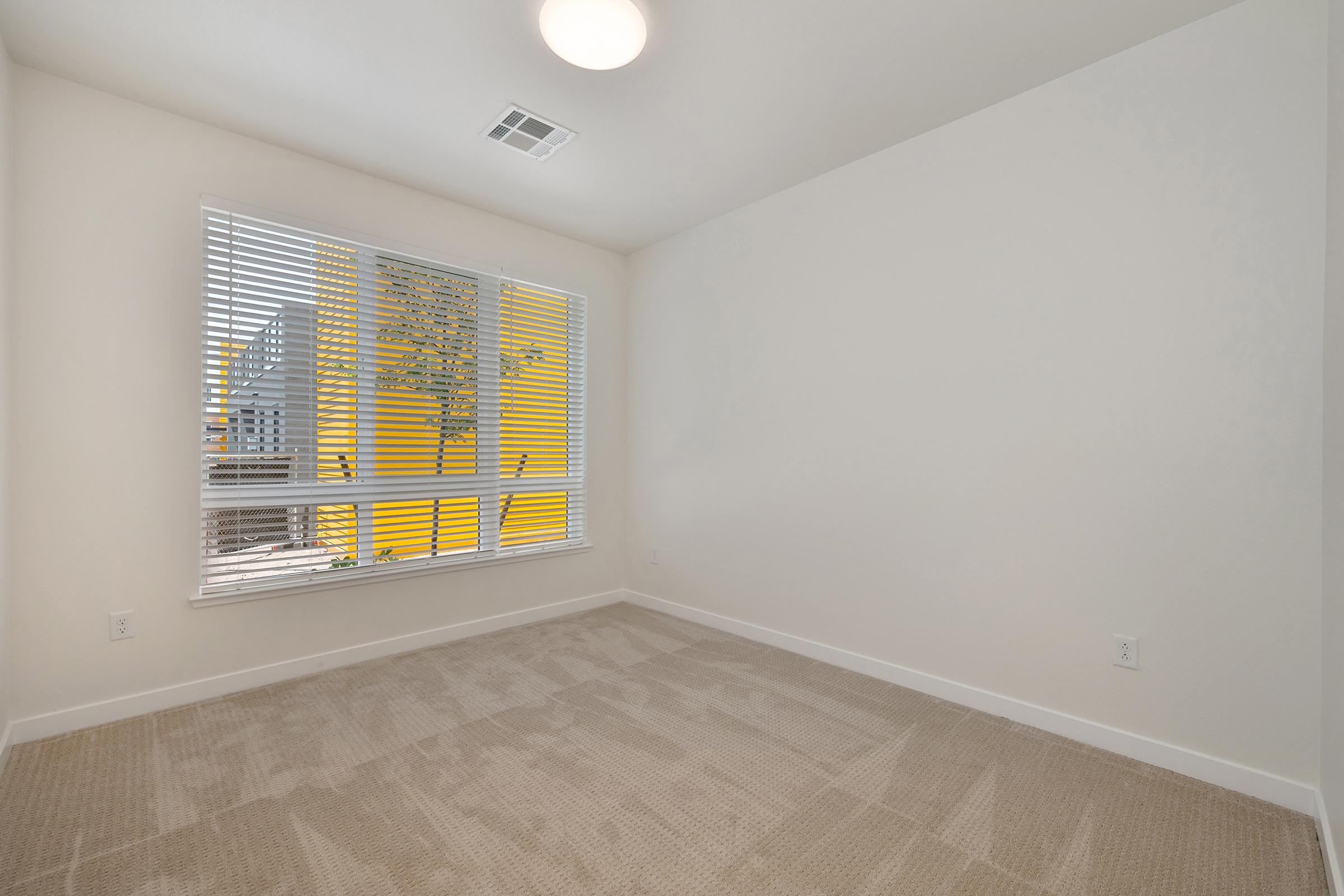 Empty room with beige carpet and white walls, featuring a large window with horizontal blinds. Natural light is coming in from the window, which overlooks a yellow wall outside. The room is unfurnished and has a ceiling light fixture.