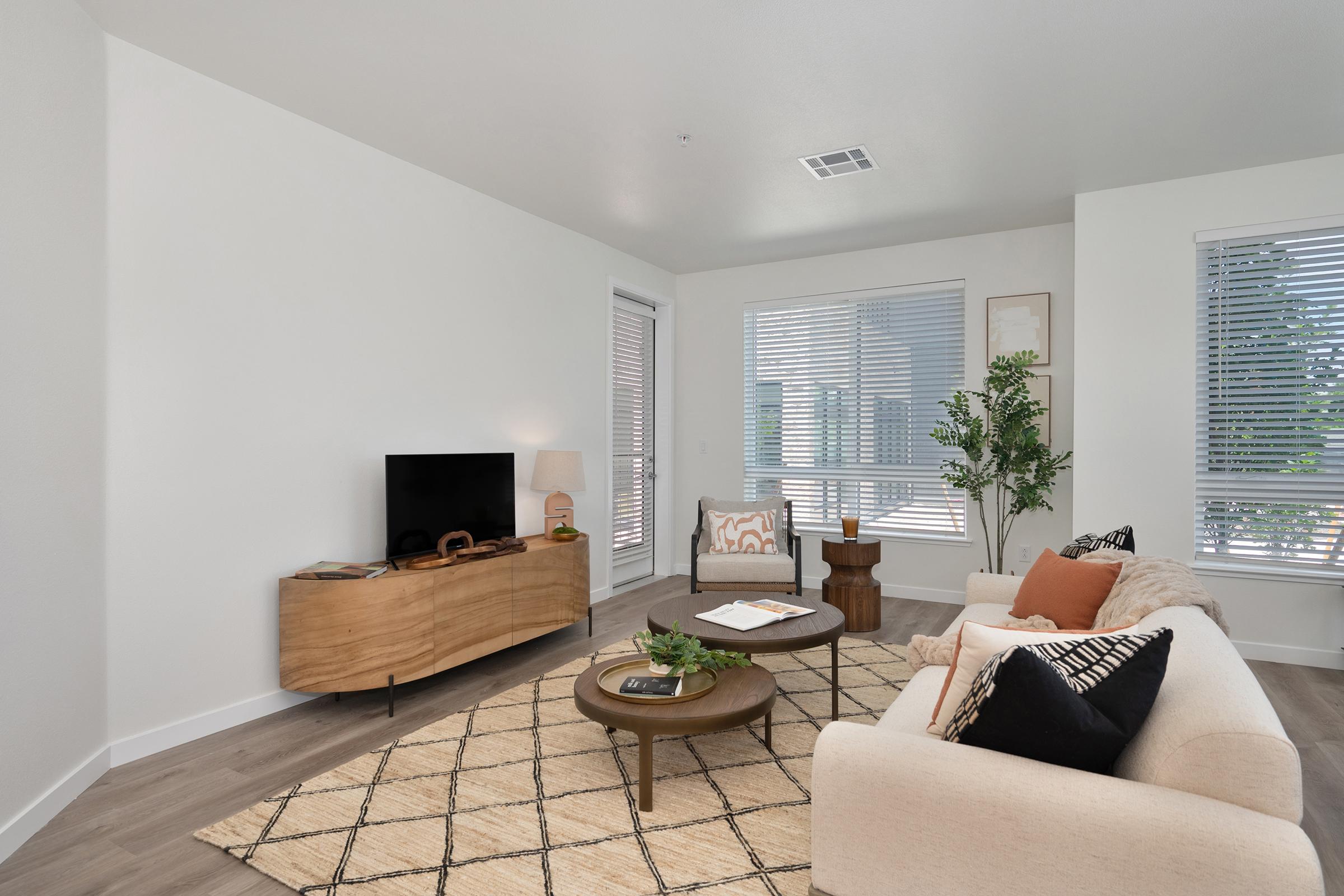 A modern living room featuring a light-colored sofa with decorative pillows, a round coffee table, and a stylish wood TV cabinet. Natural light pours in through large windows with blinds, and a small lamp sits on a side table. A geometric area rug adds warmth to the space.