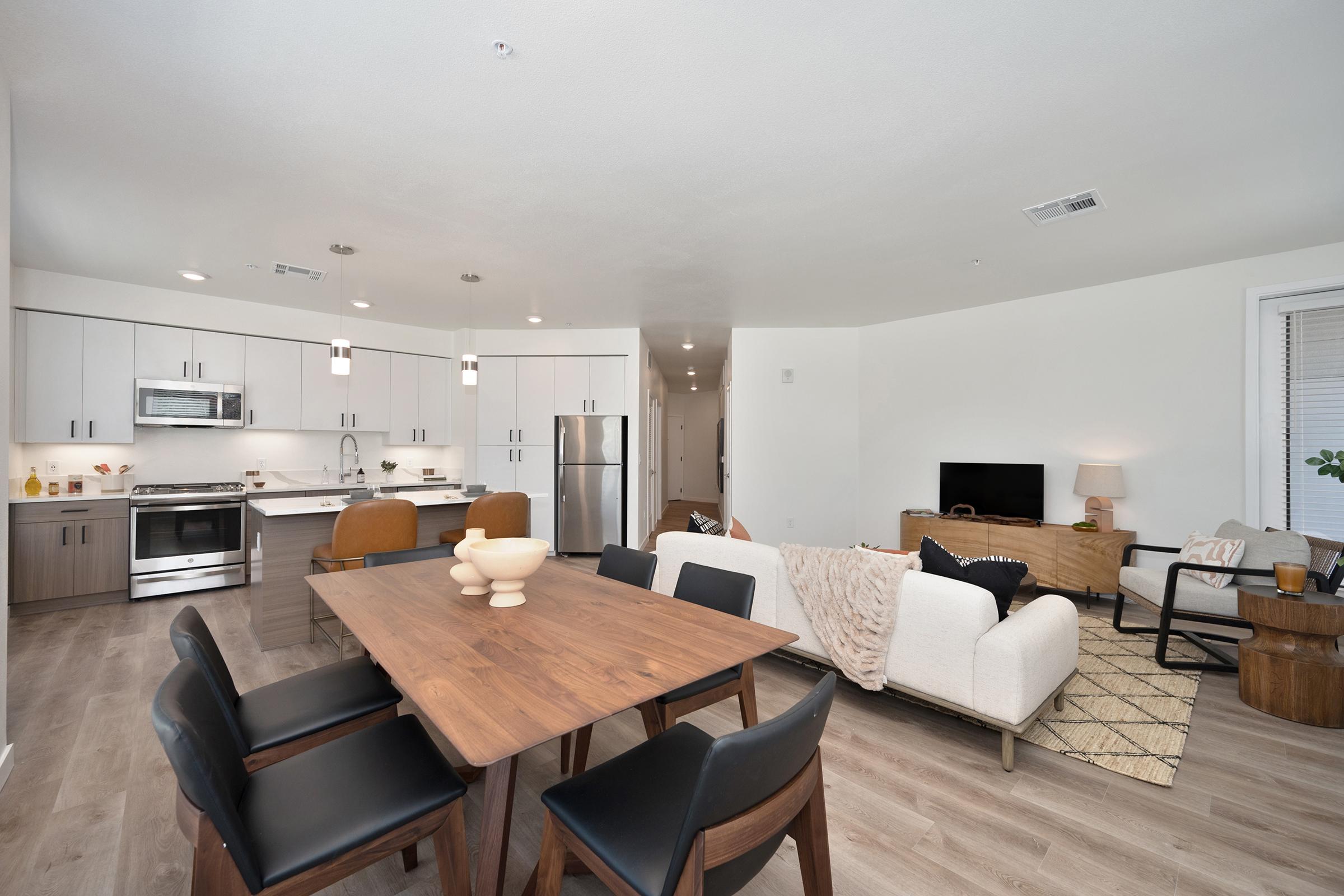 A modern open-concept living space featuring a dining table with black chairs, a kitchen with stainless steel appliances, and a cozy lounge area with a sofa, decorative pillows, and a wooden side table. Large windows let in natural light, and the décor includes plants and stylish accessories.