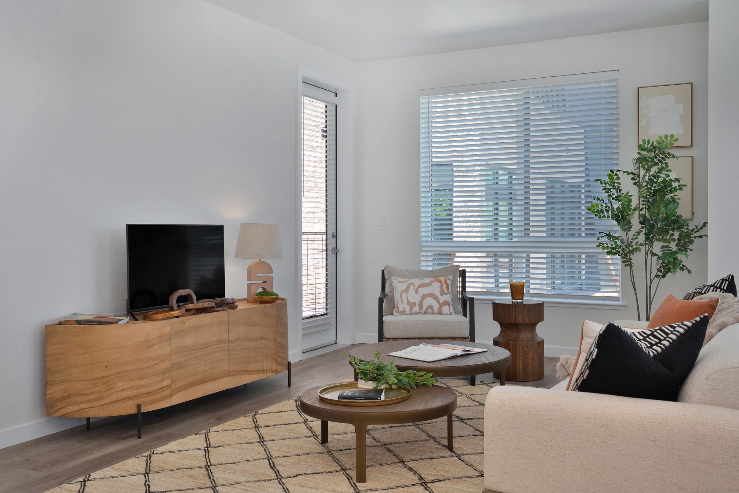 A modern living room featuring a light-colored sofa with black and beige cushions, a round coffee table, and a wooden side table. A flat-screen TV rests on a stylish wooden media console. Natural light filters through window blinds, illuminating the space, which includes a plant and decorative items on the table.