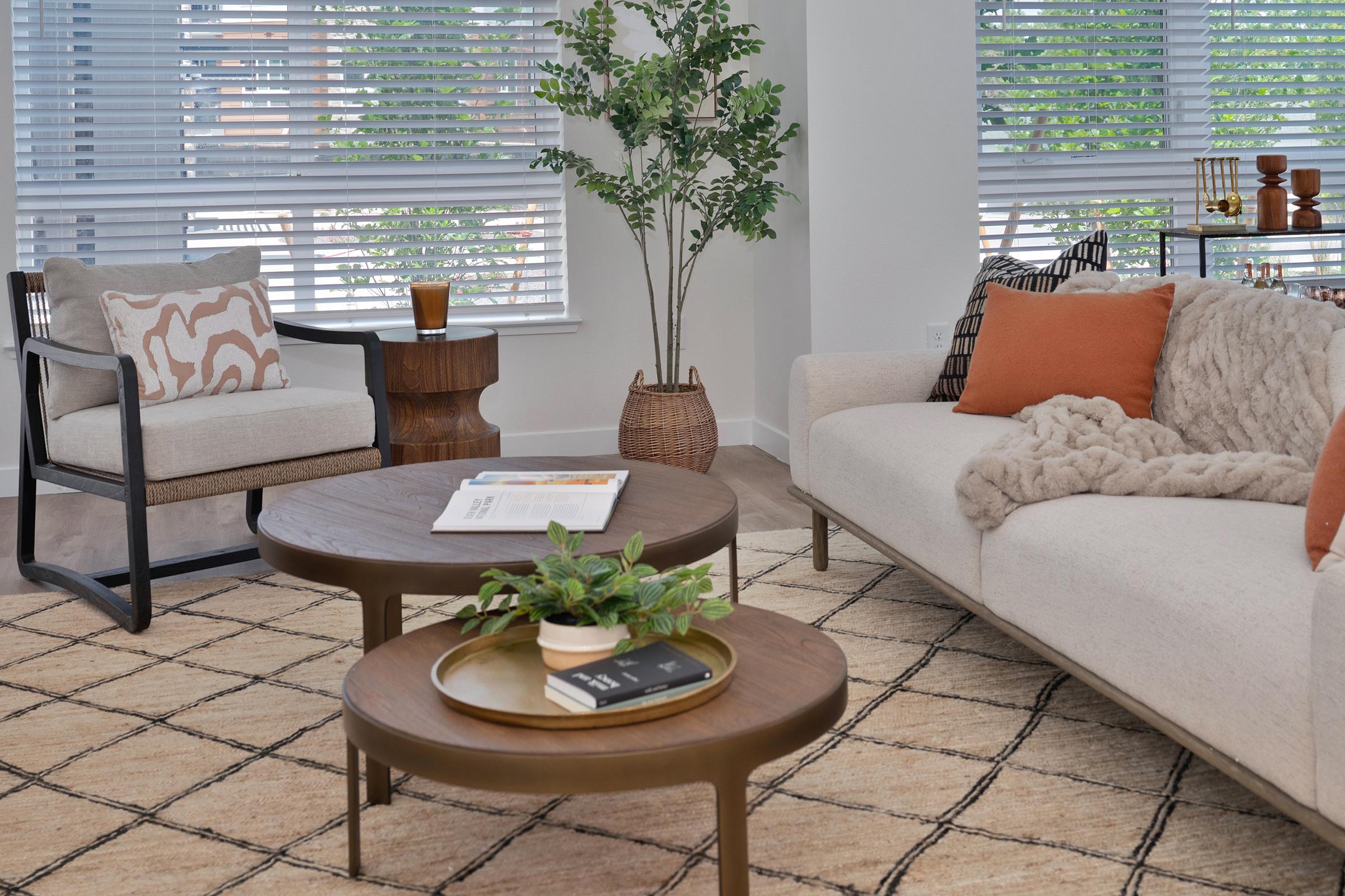 A cozy living room featuring a light-colored sofa with orange cushions, a large, textured throw, two round coffee tables, and a plant. A stylish armchair sits beside a wooden side table. Natural light streams through window blinds, illuminating the neutral decor and adding warmth to the space.