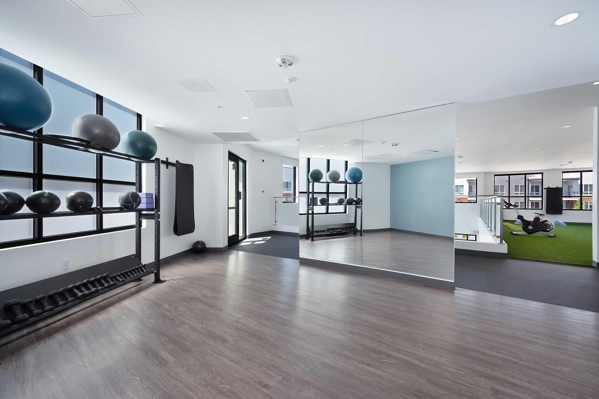 A modern fitness studio featuring a mirrored wall, dumbbell rack, exercise balls on a shelf, and a green turf area. The room has large windows allowing natural light, with a clean and minimalistic design, suitable for various workout activities.