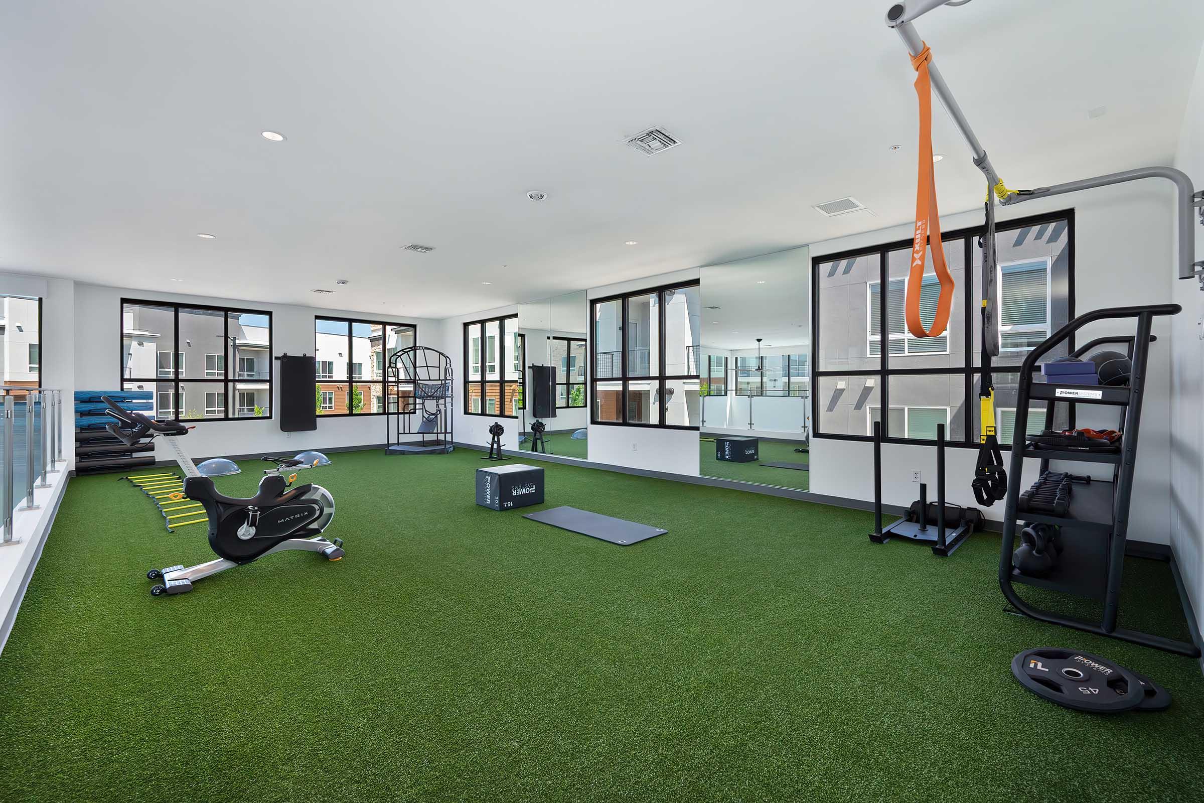 A modern gym space with artificial grass flooring, featuring various workout equipment such as a stationary bike, weights, a resistance training system, and gym mats, with large windows offering natural light and views of the outdoors.