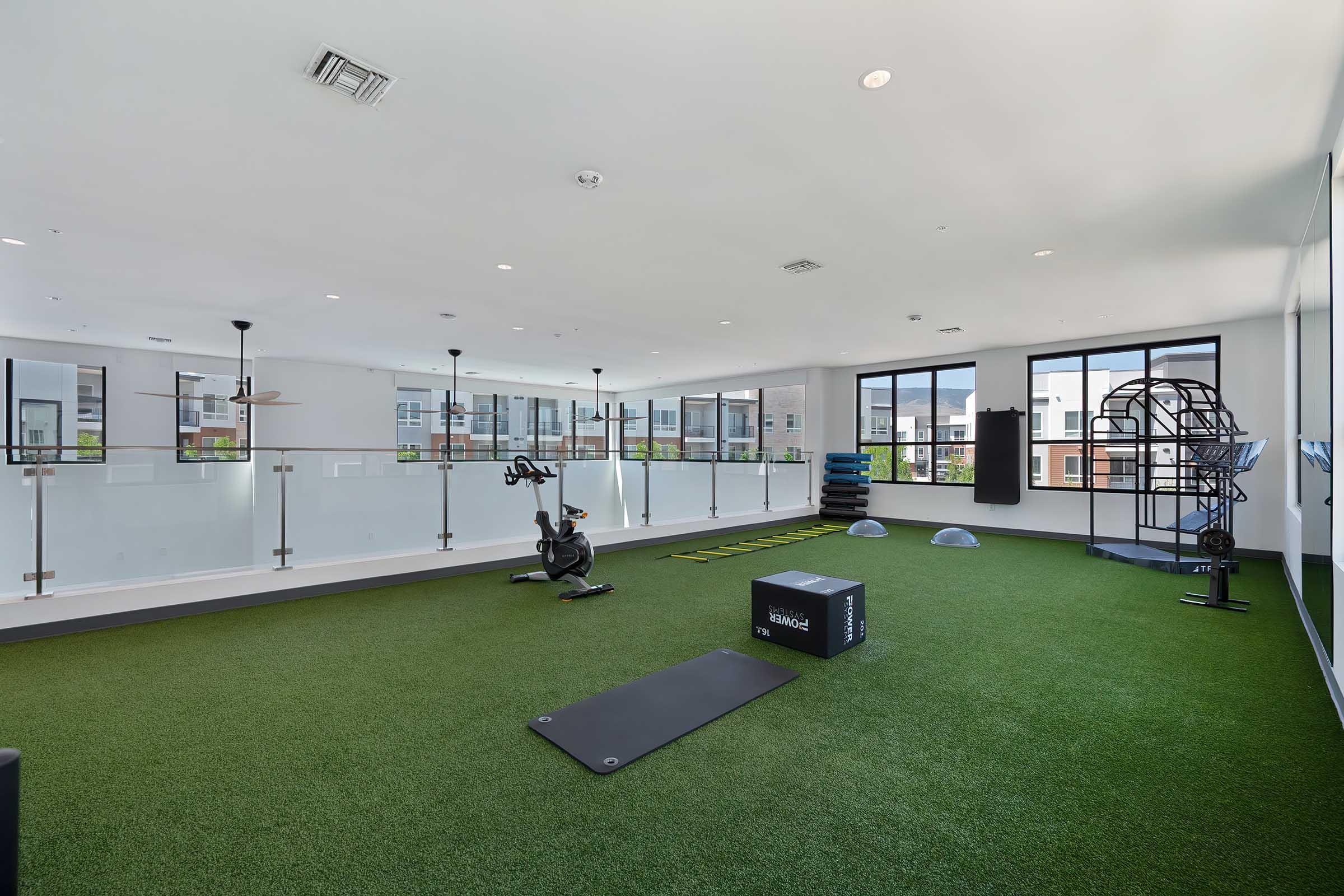 Fitness area with artificial turf flooring, featuring exercise equipment like a stationary bike, balance balls, and workout mats. Large windows provide natural light, creating a bright and open atmosphere. The space is designed for various fitness activities and workouts.