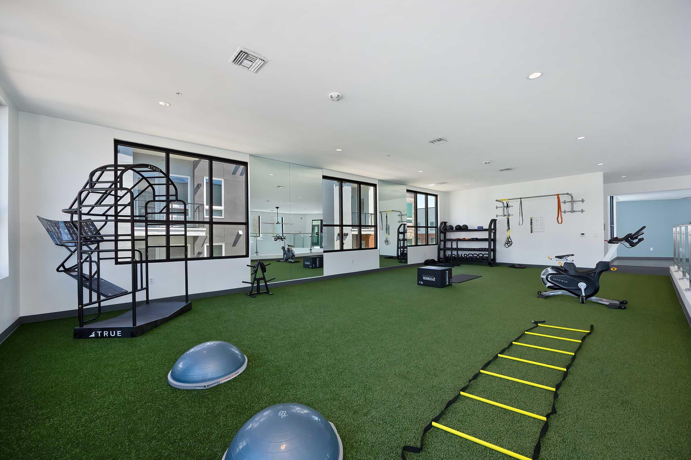 A modern gym interior featuring artificial turf flooring, large windows, and various fitness equipment, including a stationary bike, balance balls, and a agility ladder. There are mirrors on the walls and exercise accessories hanging for functional workouts.