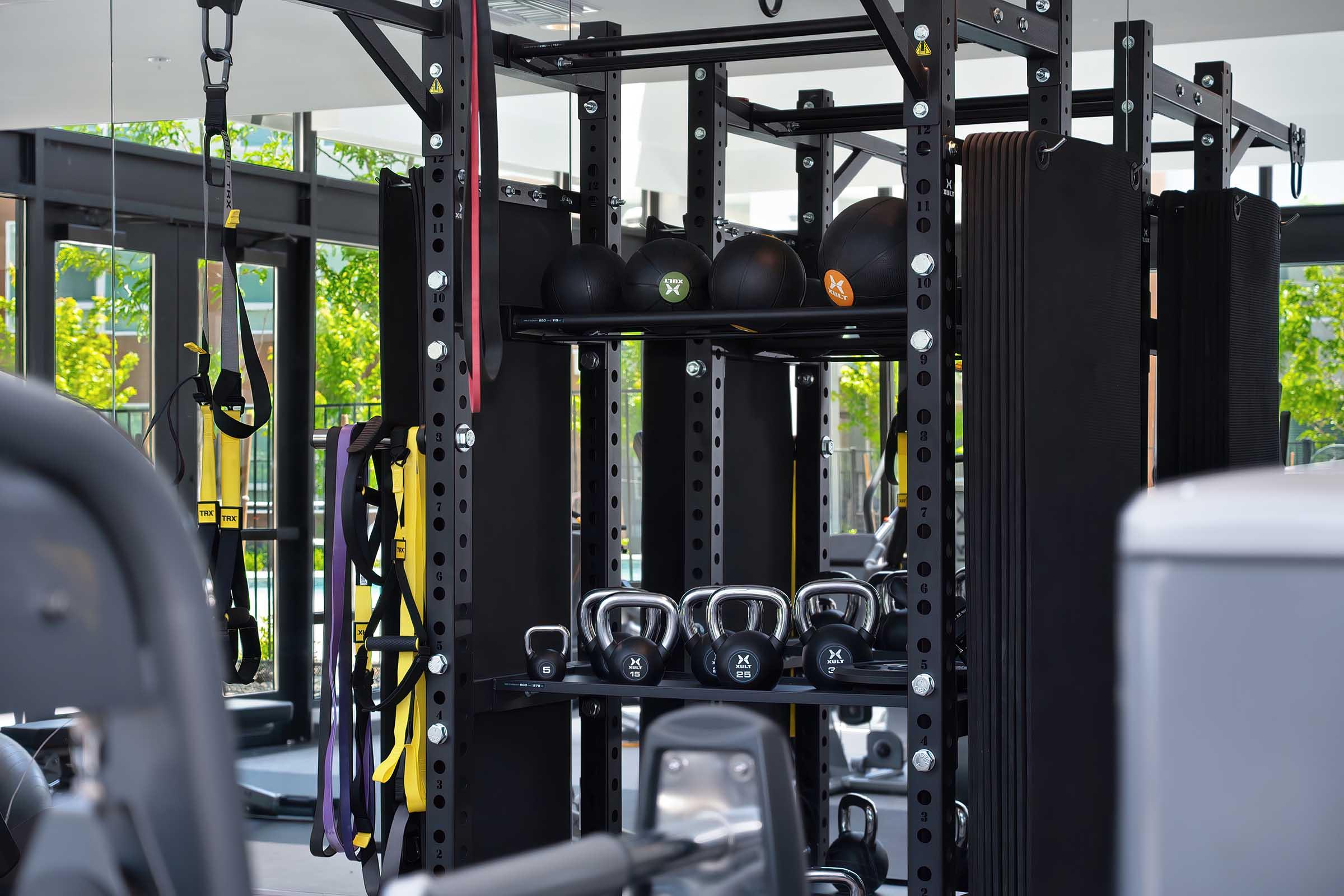 A well-equipped gym featuring a multifunctional workout station. The setup includes kettlebells, resistance bands, stability balls, and various exercise equipment in a bright space with large windows, showcasing greenery outside. The overall atmosphere suggests an inviting space for fitness enthusiasts.