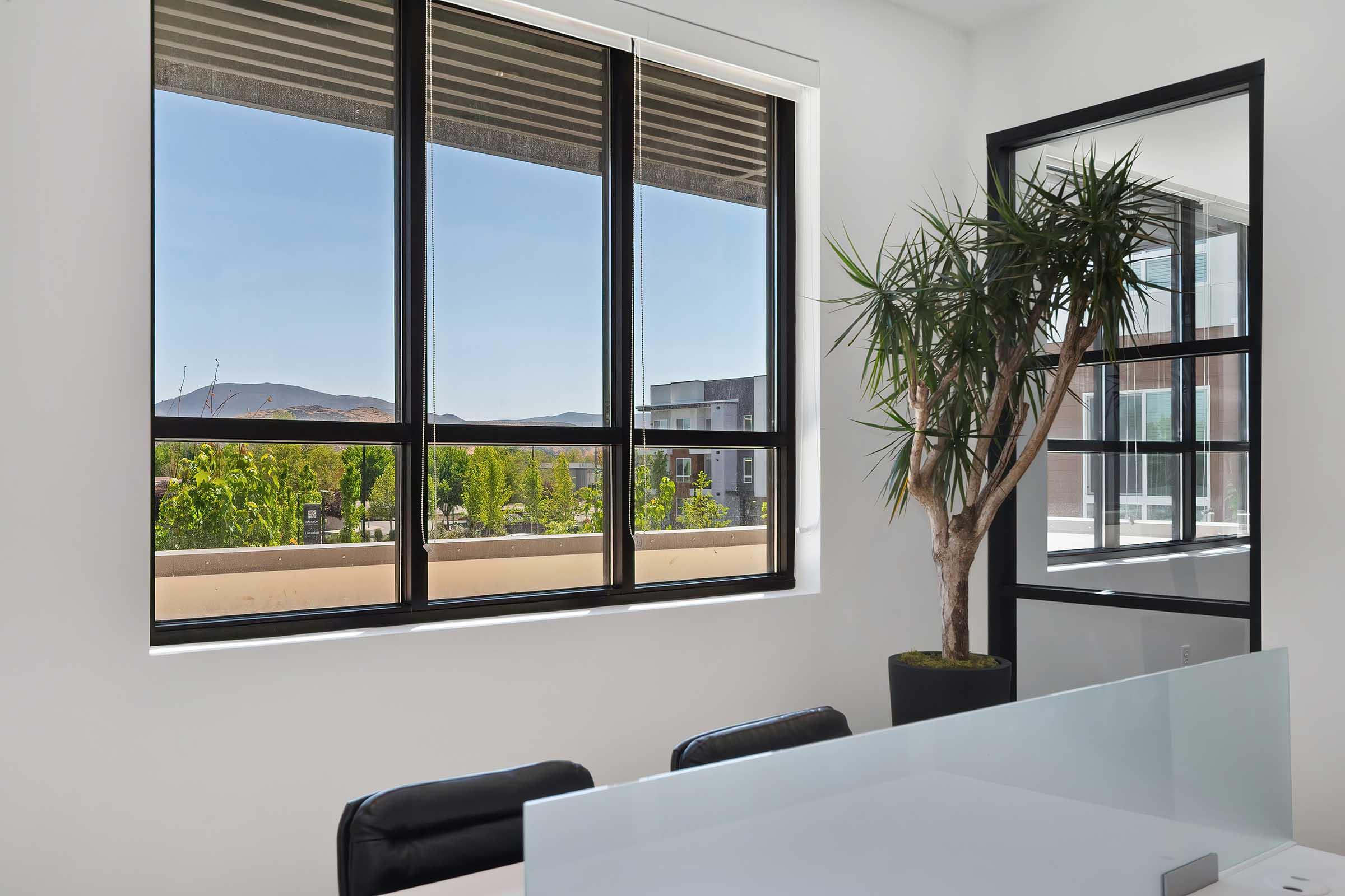 A modern office interior featuring large windows with a view of trees and mountains outside. There is a potted plant in the corner and a sleek desk with black chairs. Natural light fills the space, creating a bright and airy atmosphere.