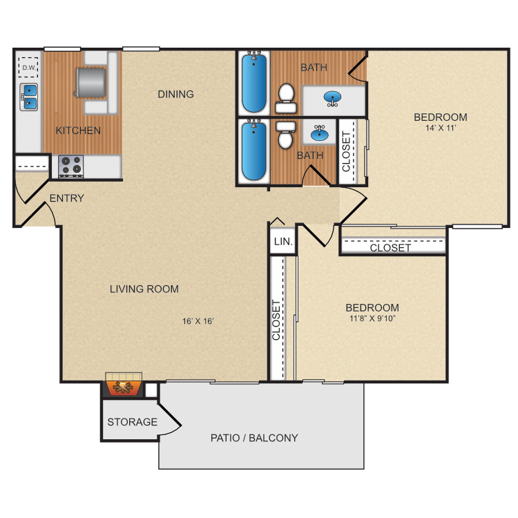 Plan B, a 2 bedroom 2 bathroom floor plan.