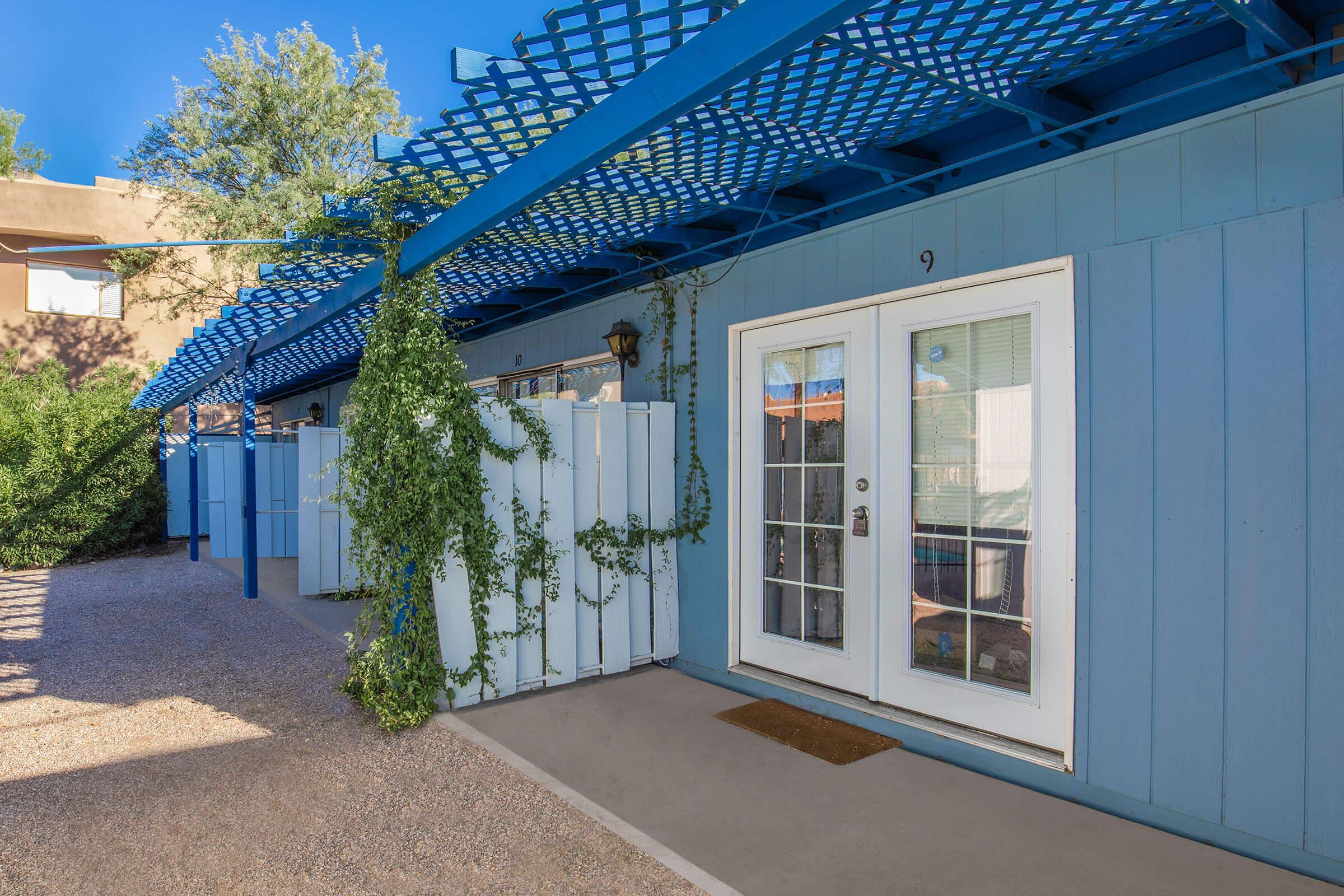 a close up of a blue building