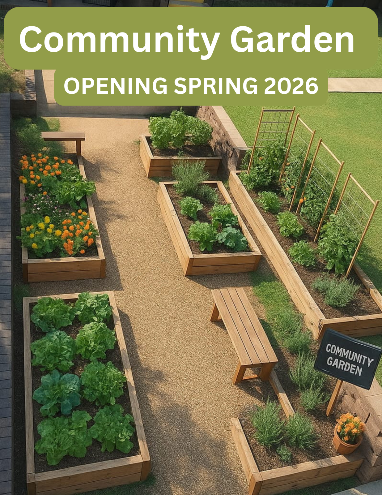 A beautifully arranged community garden featuring raised wooden planters filled with a variety of vegetables and flowers. There is a wooden bench for seating and a sign indicating "Community Garden" with the text "Opening Spring 2026" above it. The garden is designed with pathways and lush greenery, creating an inviting atmosphere.