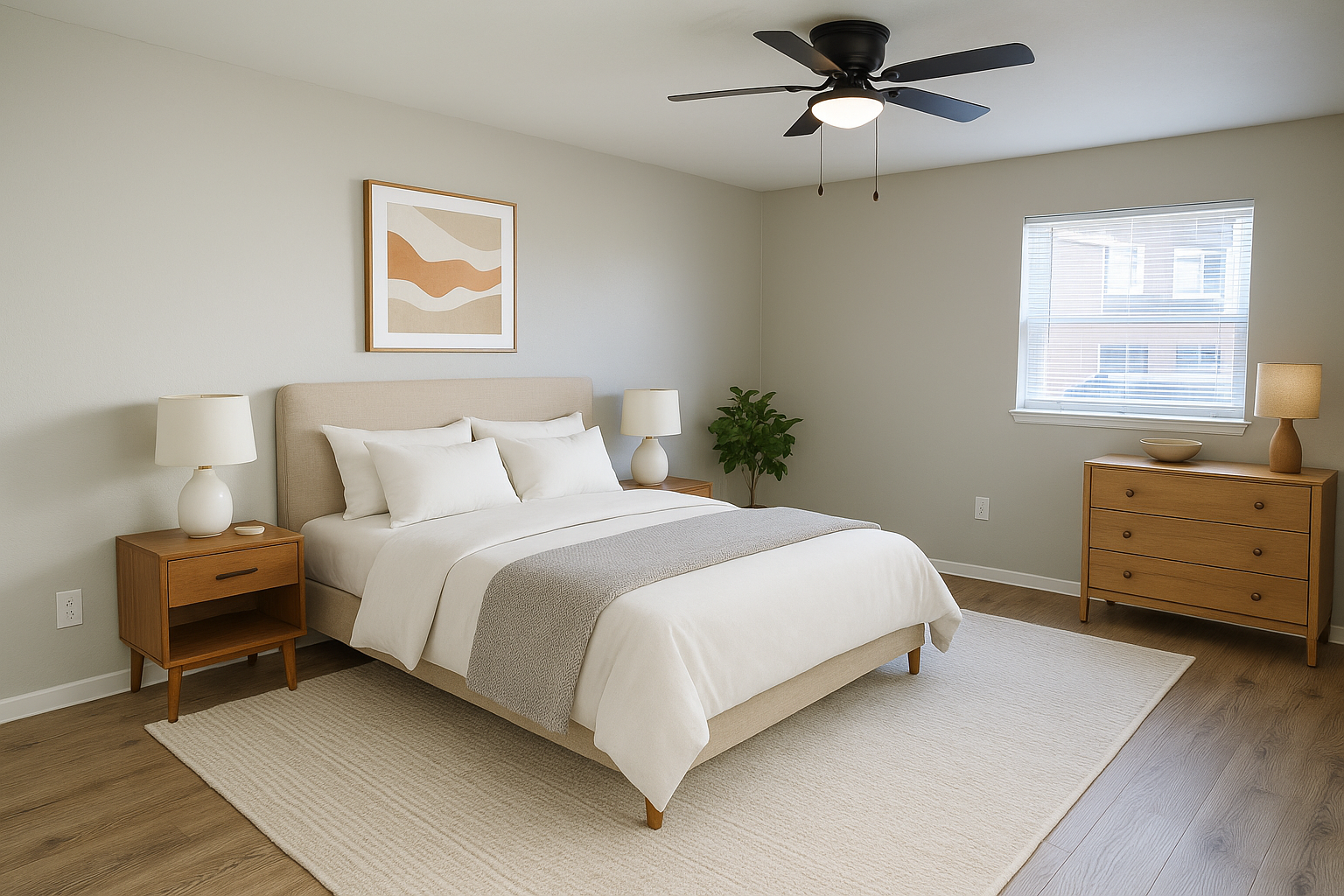 A modern bedroom featuring a plush bed with white linens and a light gray throw blanket. The room has a neutral color scheme with a warm beige wall, wooden furniture, and a ceiling fan. A minimalist artwork hangs above the bed, and there are bedside lamps and a small plant on a dresser, creating a cozy atmosphere.