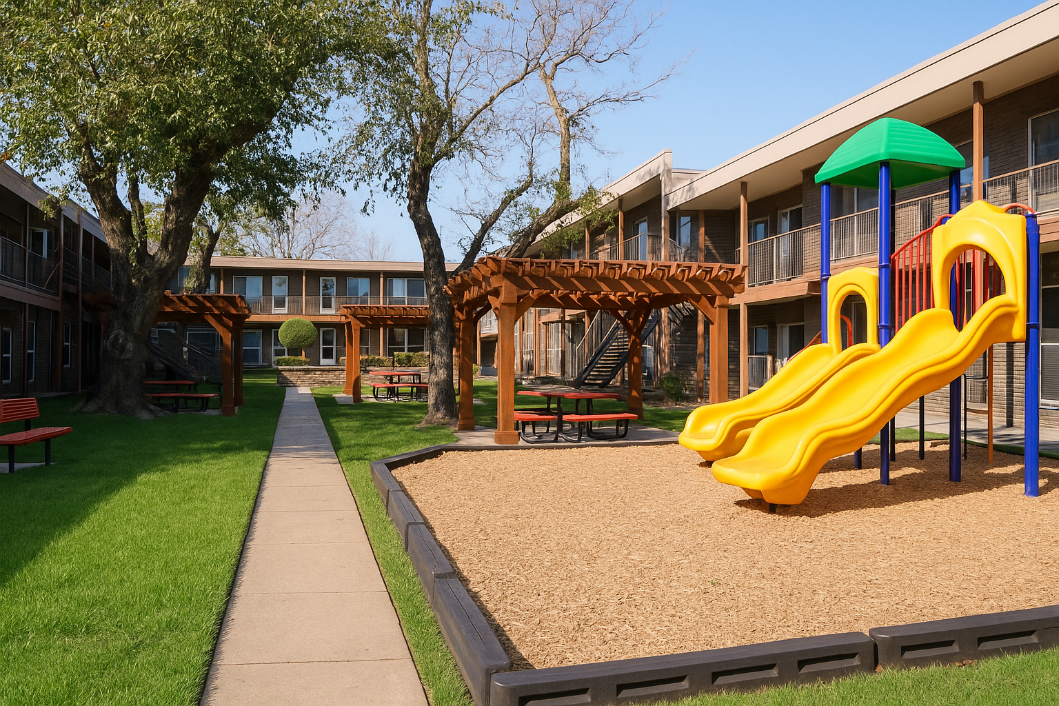 Playground area featuring a yellow slide and colorful climbing structure surrounded by grass and benches. The scene includes wooden pergolas and a pathway leading to nearby multi-story buildings. Clear blue sky overhead adds to the inviting atmosphere.