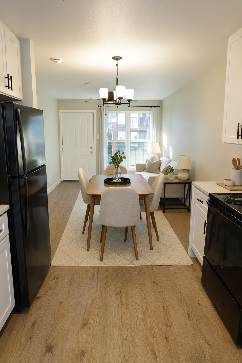 Modern kitchen and dining area featuring a black refrigerator and stove, a light wooden table with beige chairs, and a cozy living space in the background with a sofa and large window. Neutral color palette with natural light enhances the inviting atmosphere.
