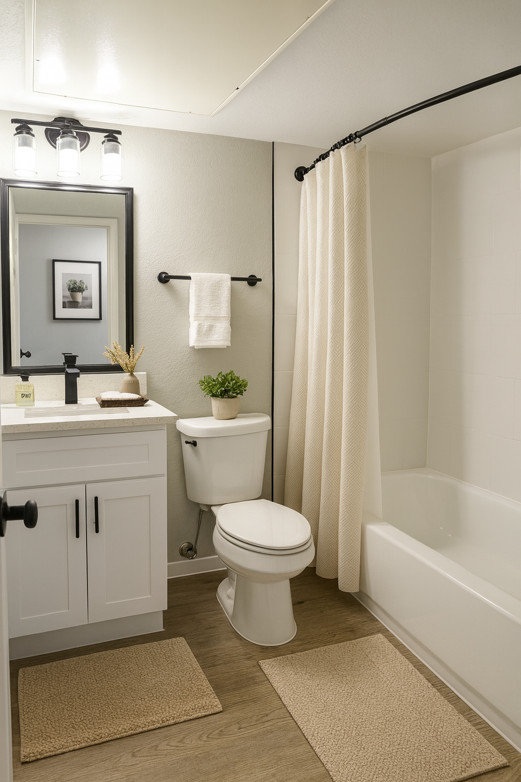 A clean, modern bathroom featuring a white toilet, a bathtub with a shower curtain, a small sink vanity with a mirror above, and decorative plants. The floor is adorned with two beige rugs, and there is a towel neatly hanging on a rack. Soft lighting creates a warm ambiance.