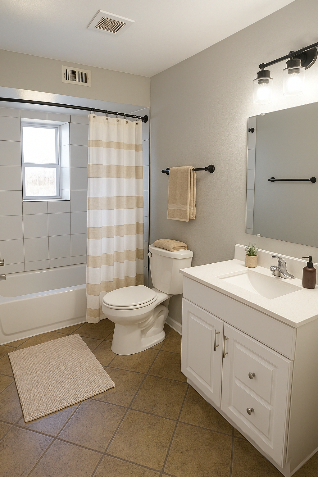A modern bathroom featuring a bathtub with a sliding curtain, a toilet, and a white vanity with a sink. The walls are a light grey, and there is a window allowing natural light. A beige rug is on the floor, and some decorative items are placed on the vanity. Towels hang on the wall for convenience.
