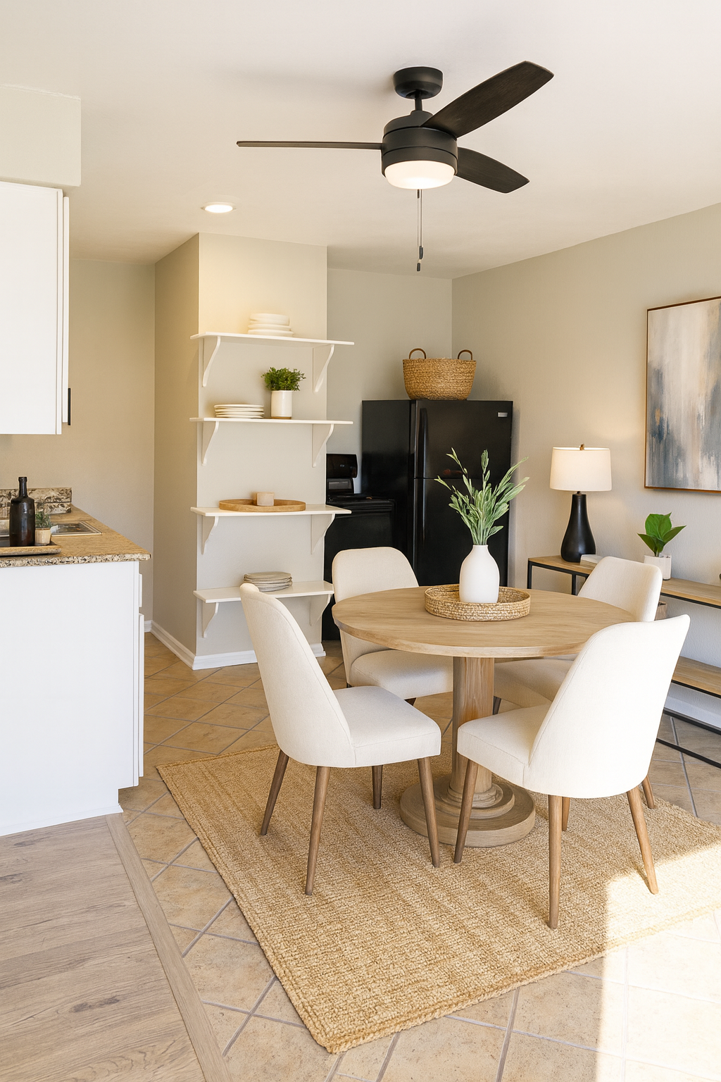 A modern kitchen and dining area featuring a round wooden table surrounded by four light-colored chairs. A ceiling fan hangs above, and a rug is placed under the table. The space includes a black refrigerator, shelves with decorative items, and a lamp with a plant on a side table, providing a warm and inviting ambiance.