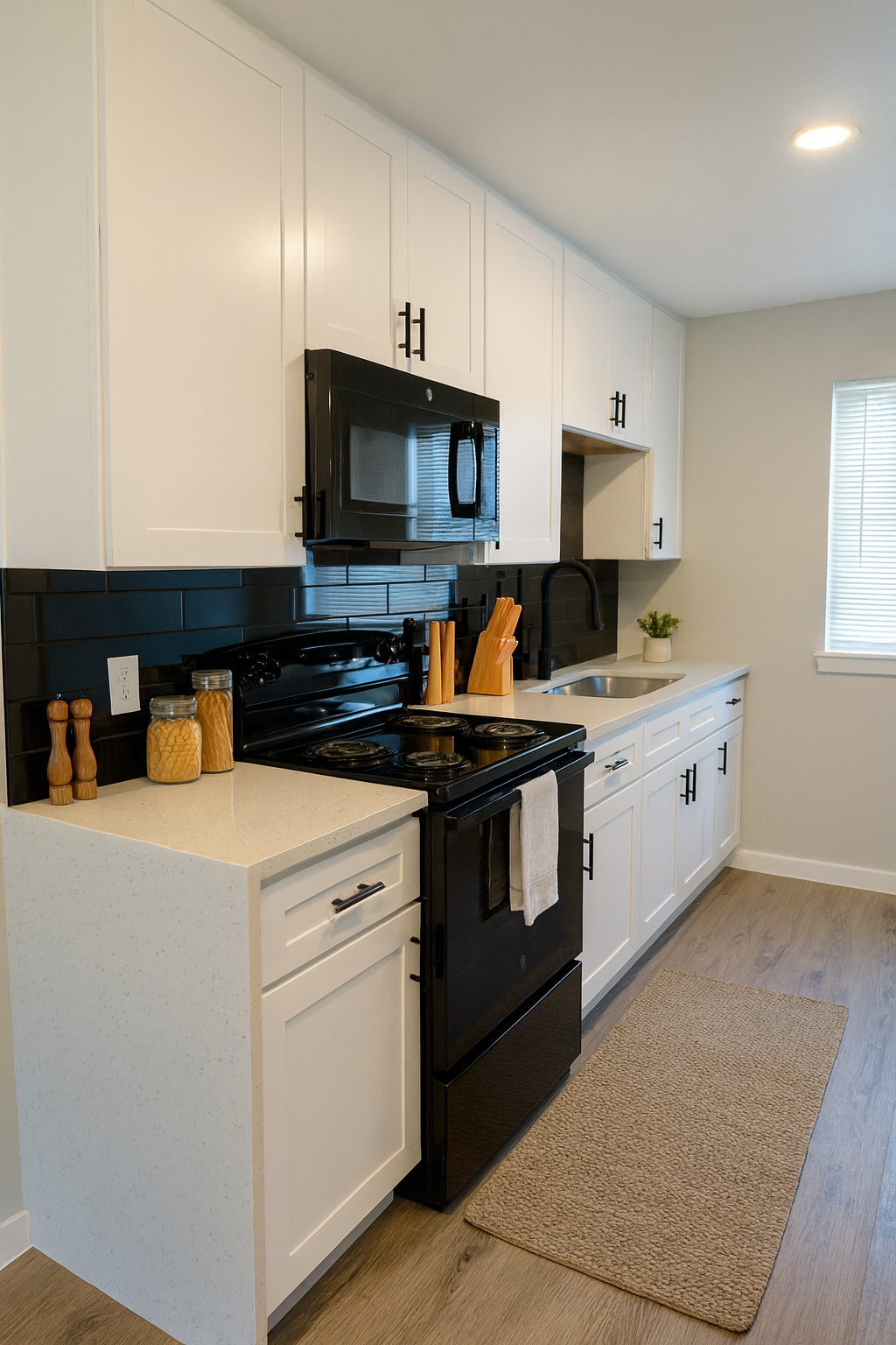 A modern kitchen featuring white cabinets, a black microwave, and stove. The countertop is light-colored with a small rug on the floor. There are glass jars on the counter, a plant in the window, and a sink next to the stove, creating a clean and contemporary aesthetic.