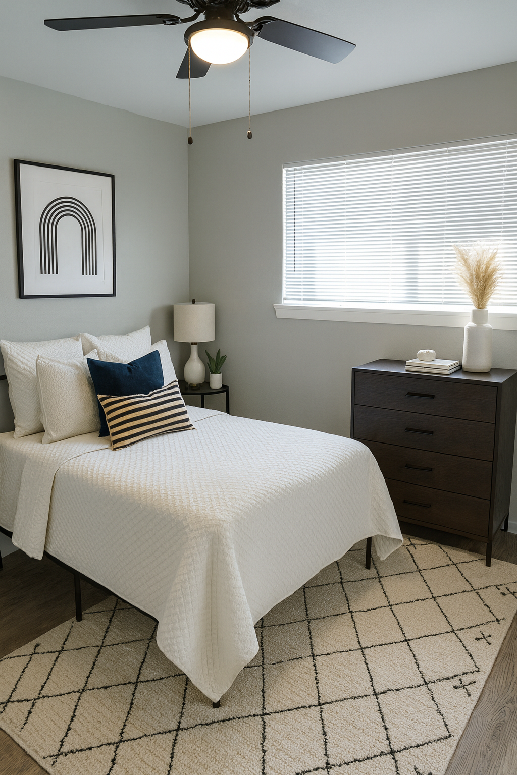 A modern, cozy bedroom featuring a bed with white bedding and decorative pillows, a nightstand with a lamp, a window with white blinds allowing natural light, and a dark wooden dresser. The walls are painted in a soft gray, and a patterned rug lays on the floor. A framed art piece is mounted above the bed.
