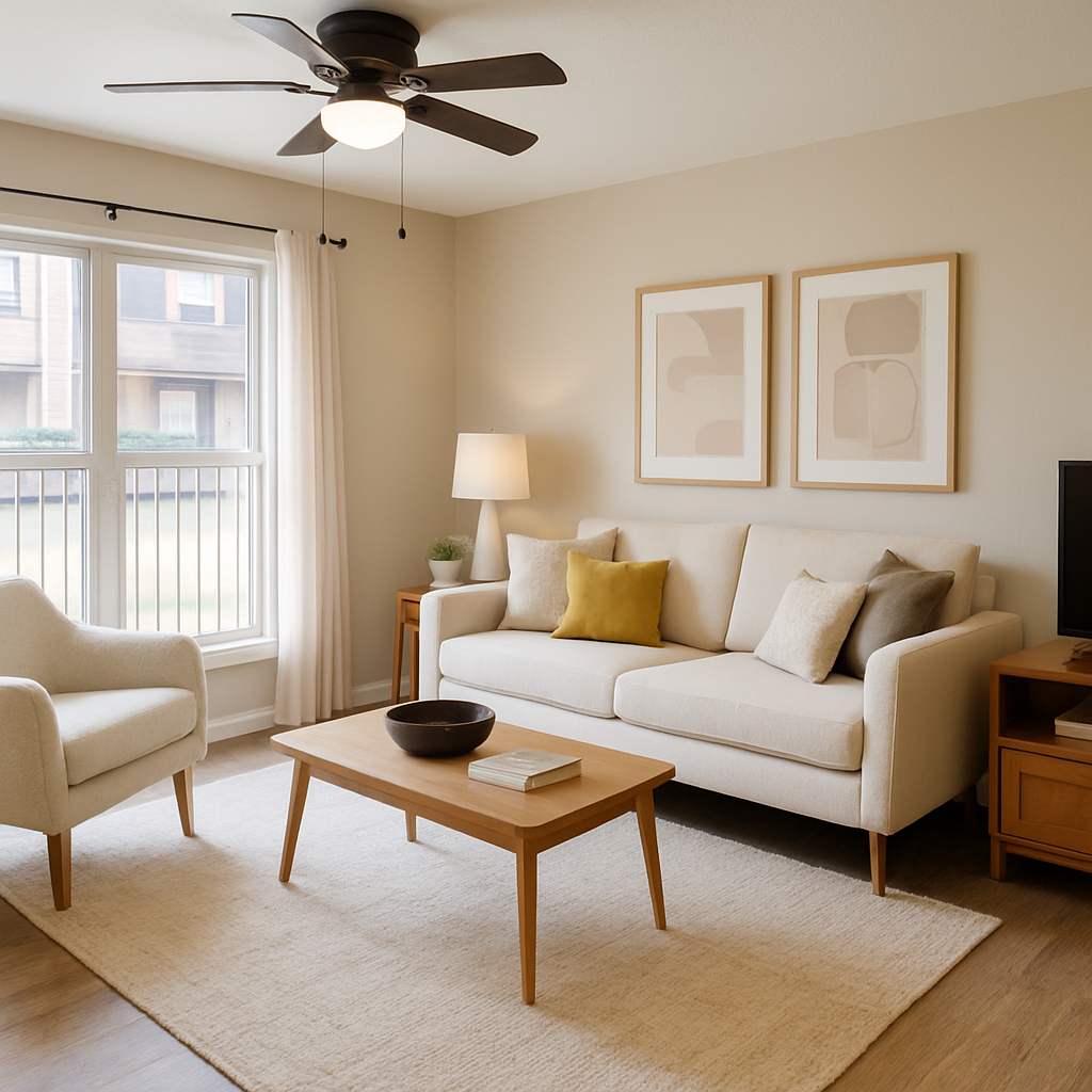 A cozy living room featuring a light-colored sofa with decorative pillows, a wooden coffee table, and a comfortable armchair. Natural light streams in through a window, and minimalist artwork adorns the walls. A ceiling fan adds a modern touch, enhancing the inviting atmosphere.