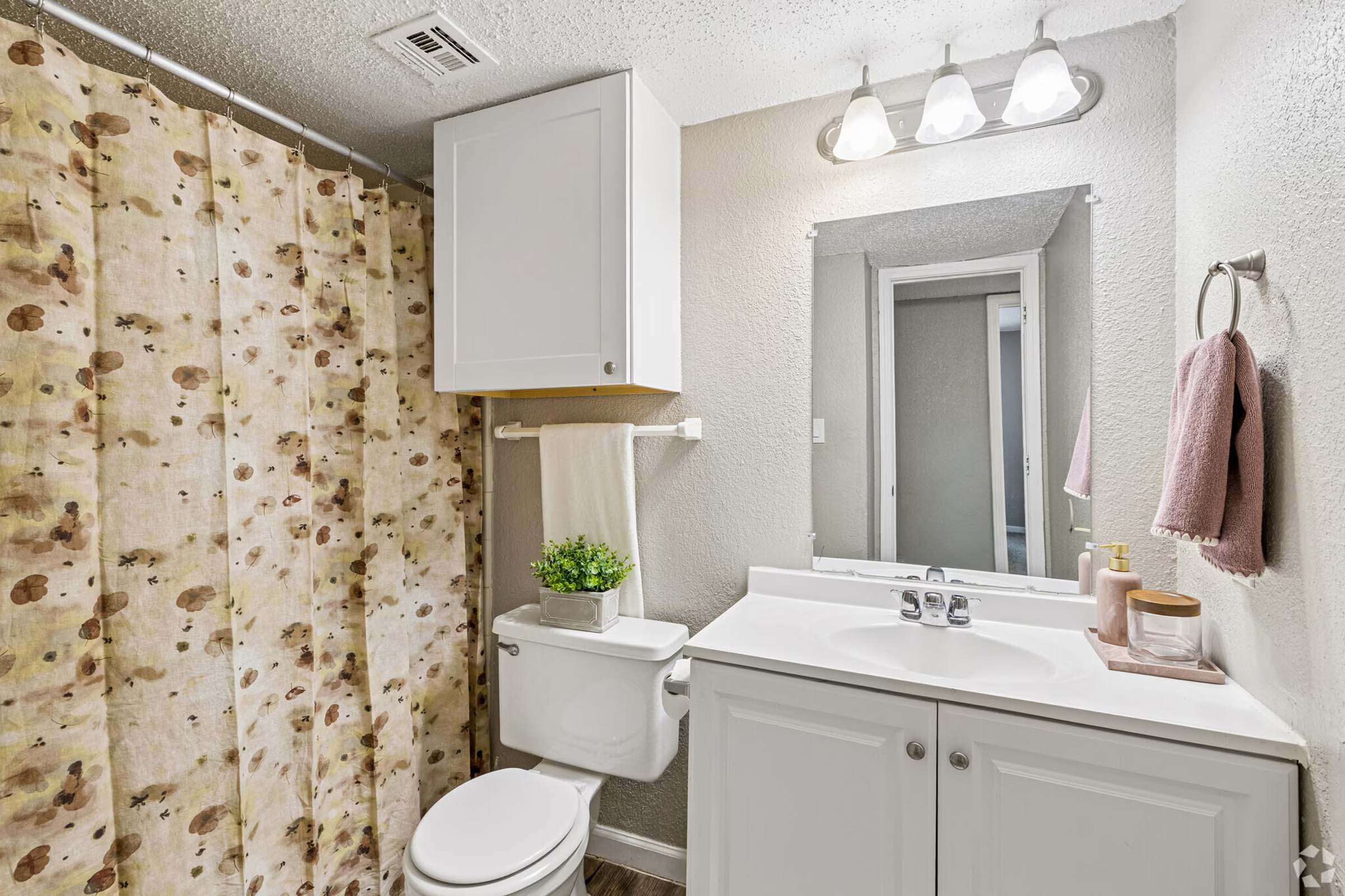 A small bathroom featuring a white vanity with a sink, a toilet, and a shower with a floral curtain. The walls are painted in a light color, and there is a mirror above the sink. A small plant decorates the countertop, and towels hang on a rack. The room is well-lit with overhead lighting.