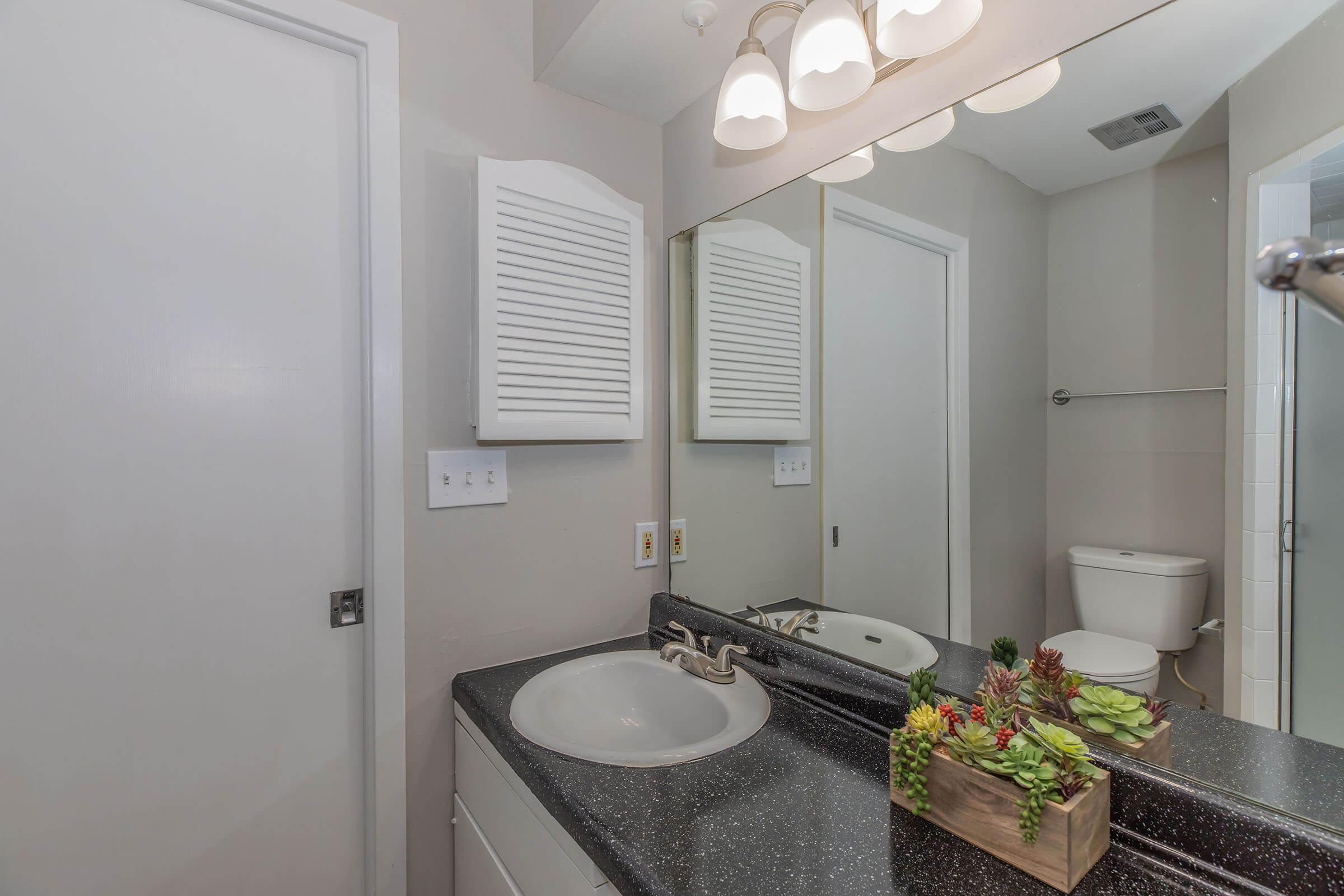 a counter with a sink and a mirror