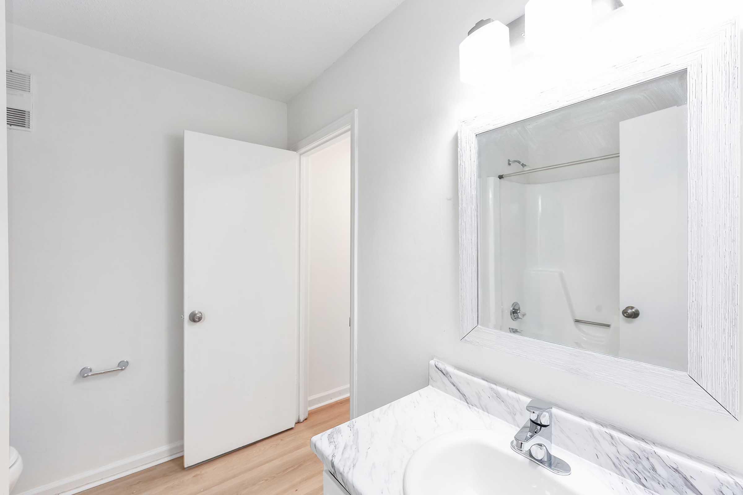 A clean, modern bathroom featuring a white vanity with a round chrome faucet. The walls are painted light gray, and there's a large mirror with a white frame above the sink. A shower stall is visible in the background, and a closed door is on the left. The flooring is light wood.