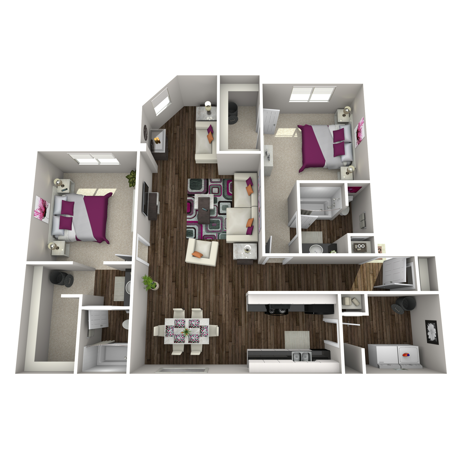 A 3D floor plan of a modern apartment layout. The space includes two bedrooms, a living area, dining area, kitchen, and two bathrooms. The rooms are furnished with beds, a sofa, a dining table, and decorative elements like plants and artwork. The flooring features wood-like design and the walls are light.