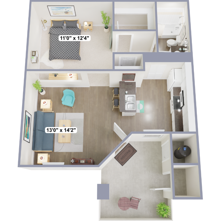 The Aspen, a 1 bedroom 1 bathroom floor plan.