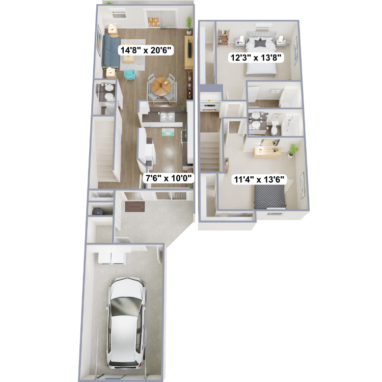 The Elm, a 2 bedroom 2.5 bathroom floor plan.